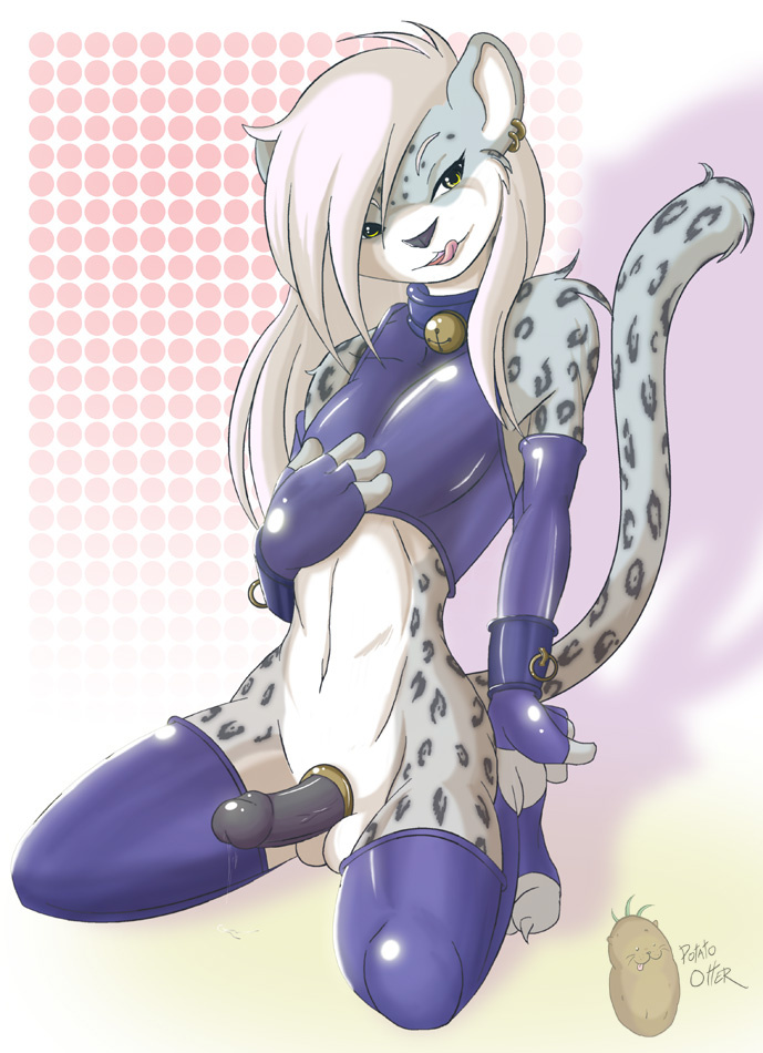 1boy anthro arm_warmers balls bell collar erection feline fingerless_gloves fur furry girly gloves hair kneeling latex leopard long_hair looking_at_viewer male male_only penis potato_otter precum solo thigh_highs wrist_cuff yellow_eyes