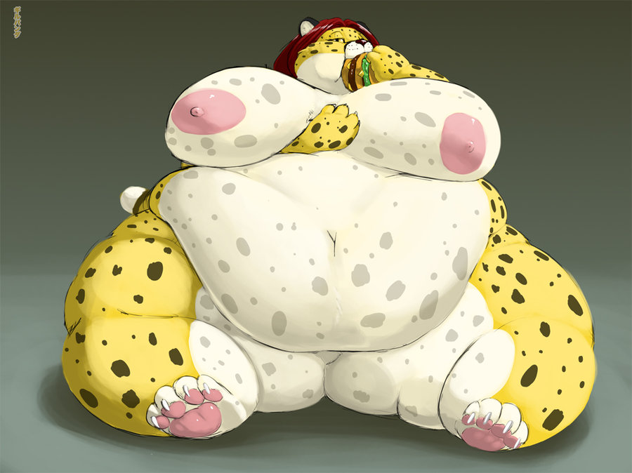 anthro big_breasts breasts burger eating feline female fur furry gillpanda leopard morbidly_obese nipples nude obese overweight sitting solo spots vore