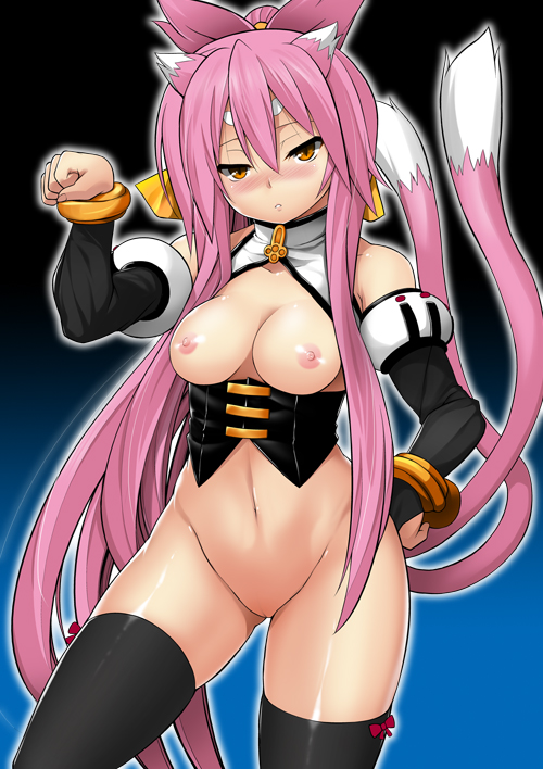 apron bare_breasts bare_shoulders bell belt black_legwear black_thighhighs blazblue blush bow breasts cat_ears cat_tail cleavage corset cosplay detached_sleeves female gloves hand_on_hip hips kneehighs kokonoe long_hair maid maid_uniform midriff multiple_tails nipples no_panties orange_eyes paw_pose pink_hair ponytail pussy ribbon solo tail tanabe_(studio_tiamat) thighhighs tied_hair twintails uncensored uniform yellow_ribbon