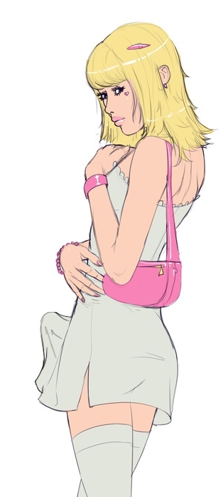 1boy, bimbo, blonde hair, blue eyes, bulge, crossdressing, dmitrys, dress, erection, femboy, girly, looking back, make up, makeup, male, male only, peach (dmitrys), penis, penis under dress, purse, solo, sundress, thighhighs, trap