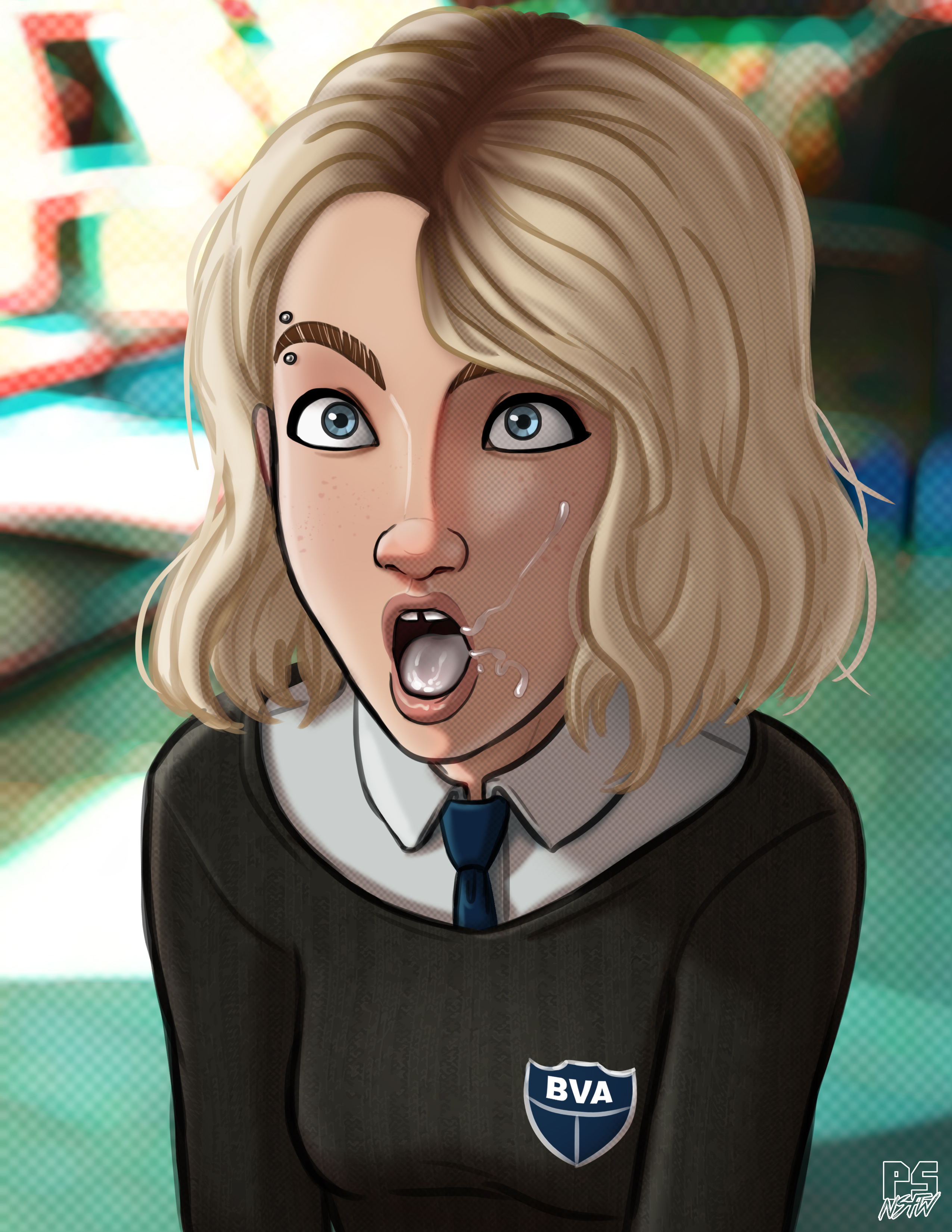 1girls, absurdres, blonde hair, blonde-haired female, cum, cum in mouth, cum on tongue, eyebrow piercing, female, female only, freckles, gwen stacy, gwen stacy (spider-verse), highres, looking at viewer, marvel, marvel comics, offscreen character, open mouth, piercing, pumpkinsinclair, school uniform, schoolgirl, solo, spider-gwen, spider-man (series), superhero, superheroine, tongue, tongue out