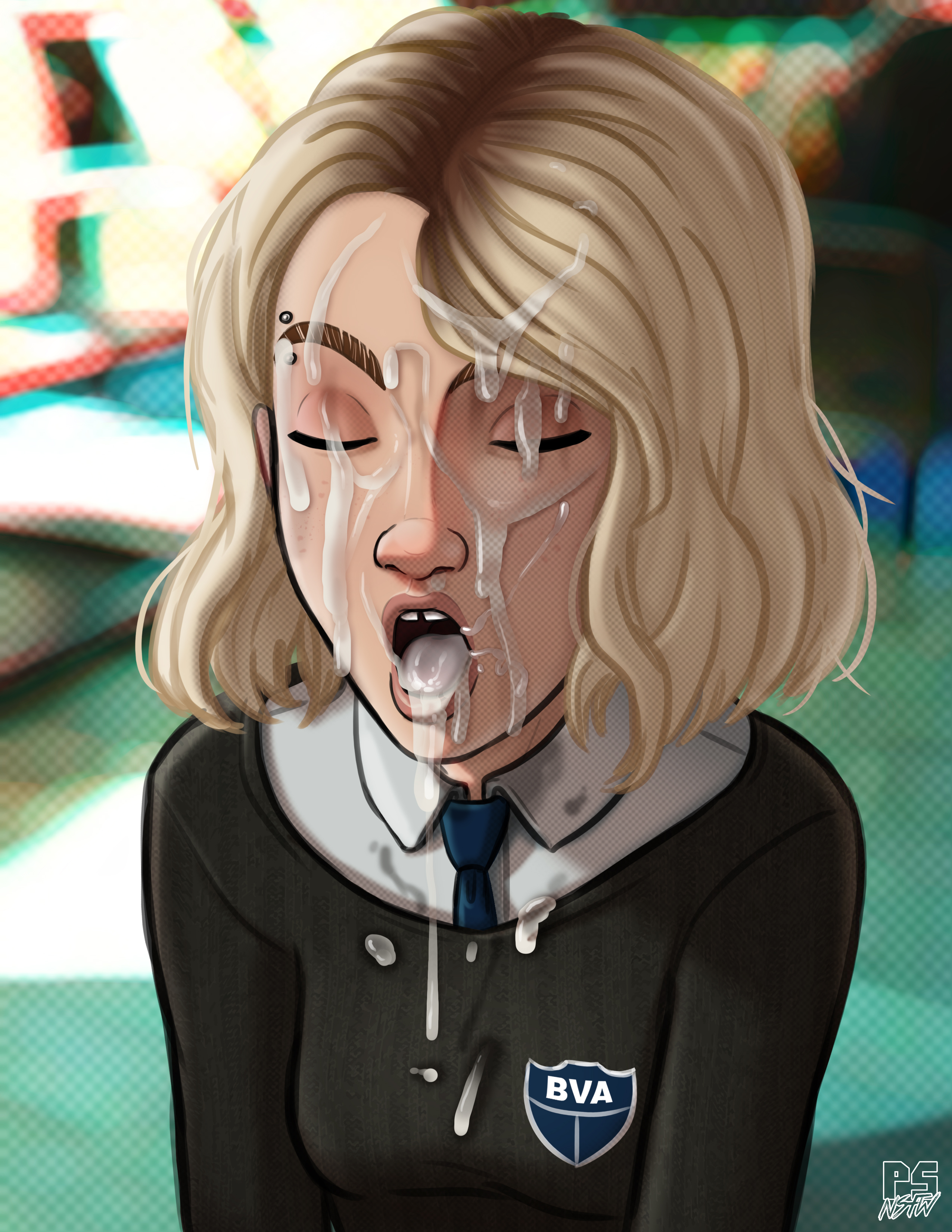 1girls, absurdres, blonde hair, blonde-haired female, cum, cum in mouth, cum on face, cum on tongue, eyebrow piercing, female, freckles, gwen stacy, gwen stacy (spider-verse), highres, marvel, marvel comics, offscreen character, open mouth, pumpkinsinclair, school uniform, schoolgirl, solo, spider-gwen, spider-man (series), superhero, superheroine, tongue, tongue out