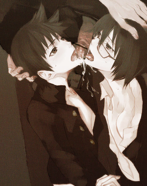 artist_request black_eyes black_hair black_jacket cum cum_in_mouth fellatio gakuran glasses group_sex itoshiki_nozomu jun_kudou male open_clothes open_shirt oral penis sayonara_zetsubou_sensei school_uniform schoolboy shirt source_request student sweat tear threesome yaoi