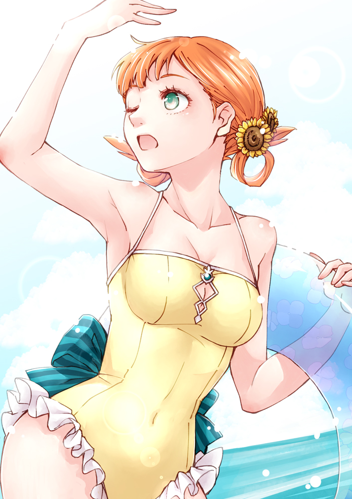 1girls, annette fantine dominic, arm up, armpit, breasts, cleavage, ebi puri (ebi-ebi), female, fire emblem, fire emblem: three houses, flower, green eyes, hair flower, hair ornament, holding, innertube, nintendo, one eye closed, one-piece swimsuit, open mouth, orange hair, short orange hair, solo, swimsuit, twintails, yellow one-piece swimsuit, yellow swimsuit