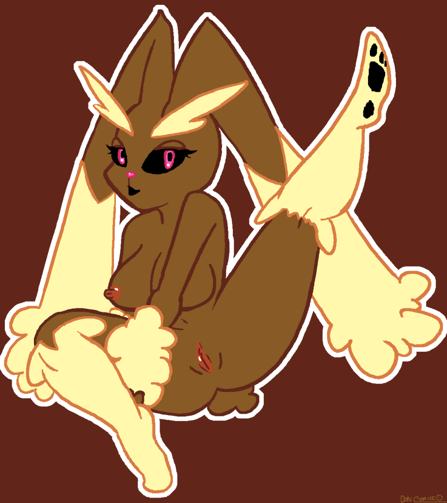 anthro black_sclera breasts brown_background doncorneo female fur furry lagomorph lopunny nipples pink_eyes plain_background pokemon pokemon_(species) pussy rabbit raised_leg solo