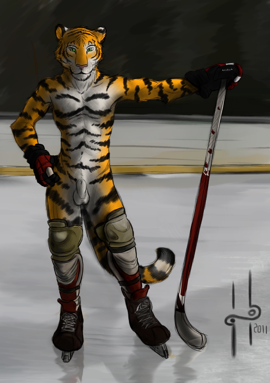 1boy anthro balls cheetah feline fur furry green_eyes hockey hufnaar looking_at_viewer male male_only sheath skates solo sports tiger topless