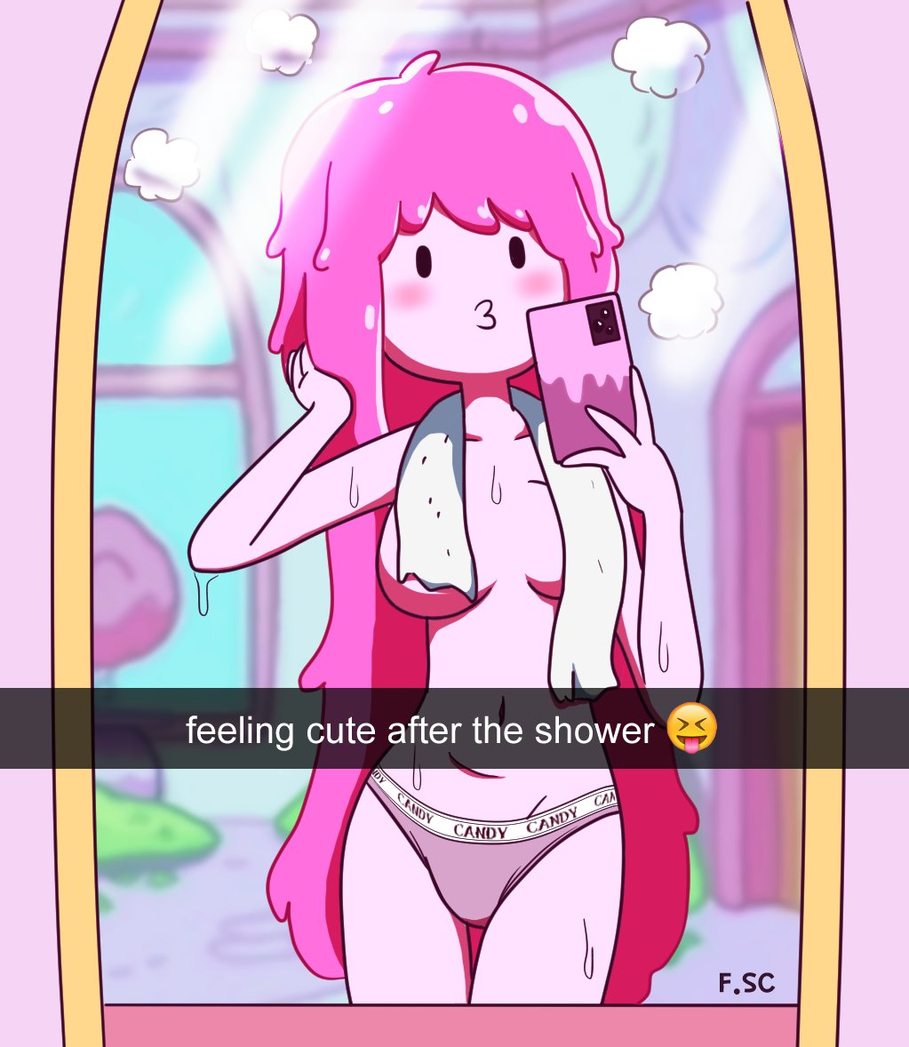 1girls, adventure time, breasts, clothed, clothing, female, female only, fizzyspidercider, humanoid, mirror, mirror selfie, mostly nude, princess bubblegum, selfie, solo, squatting, text, topless, towel, underwear, wet