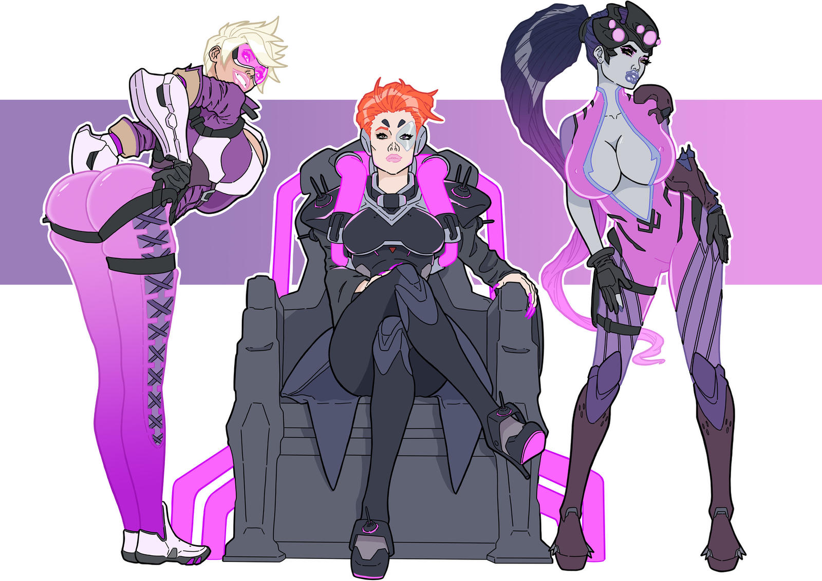 2d, 3girls, ass, banedearg, big ass, bimbo, bimbofication, brainwashing, breasts, cleavage, female, female only, huge breasts, large ass, looking at viewer, moira, multiple females, multiple girls, overwatch, pink-tinted eyewear, revealing clothes, thick lips, thick thighs, tinted eyewear, tracer, visor, widowmaker