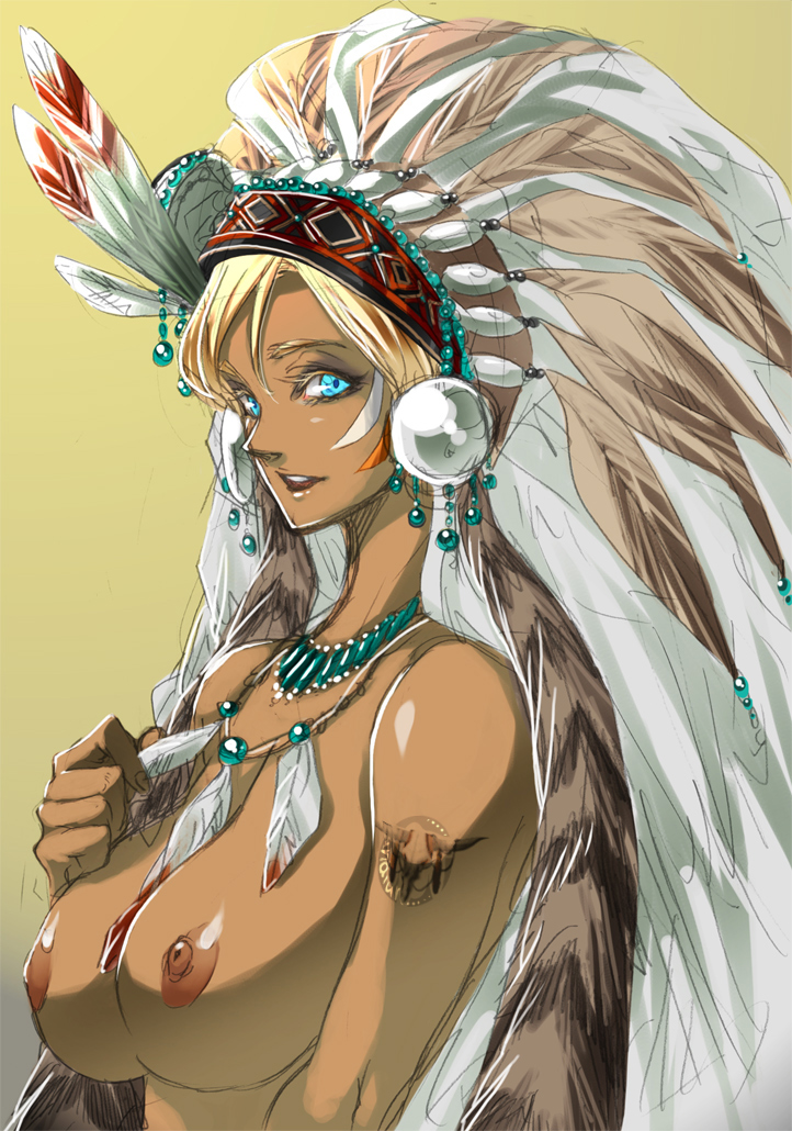 1girls aqua_eyes blonde_hair blue_eyes breast breasts bust dark_skin feathers female headdress hyakkimaru large_breasts native_american native_american_headdress original solo squaw tattoo warbonnet western