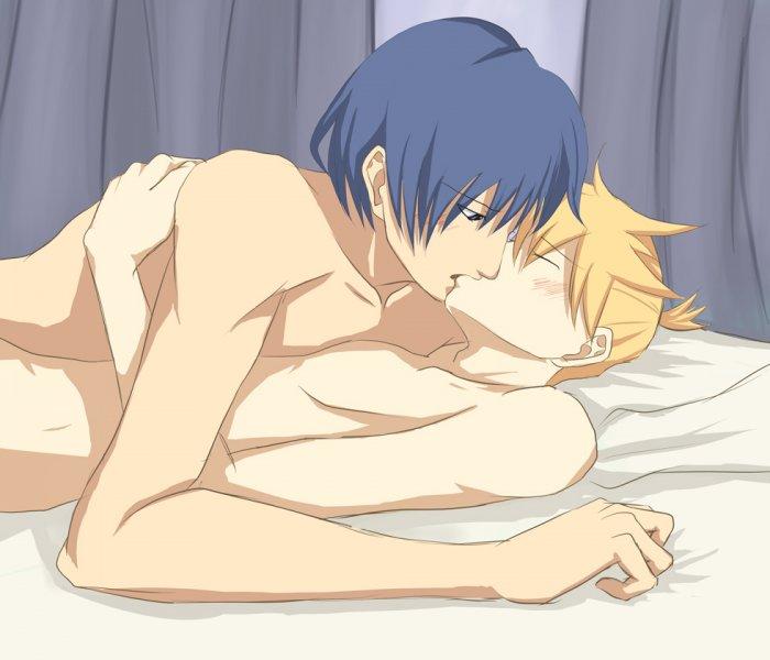 2boys arm arms artist_request bare_shoulders bed bed_sheet blonde_hair blue_eyes blue_hair blush closed_eyes gay human kagamine_len kaito_(vocaloid) kissing lying male male_only multiple_boys nude on_back sex sheet_grab short_hair vocaloid yaoi