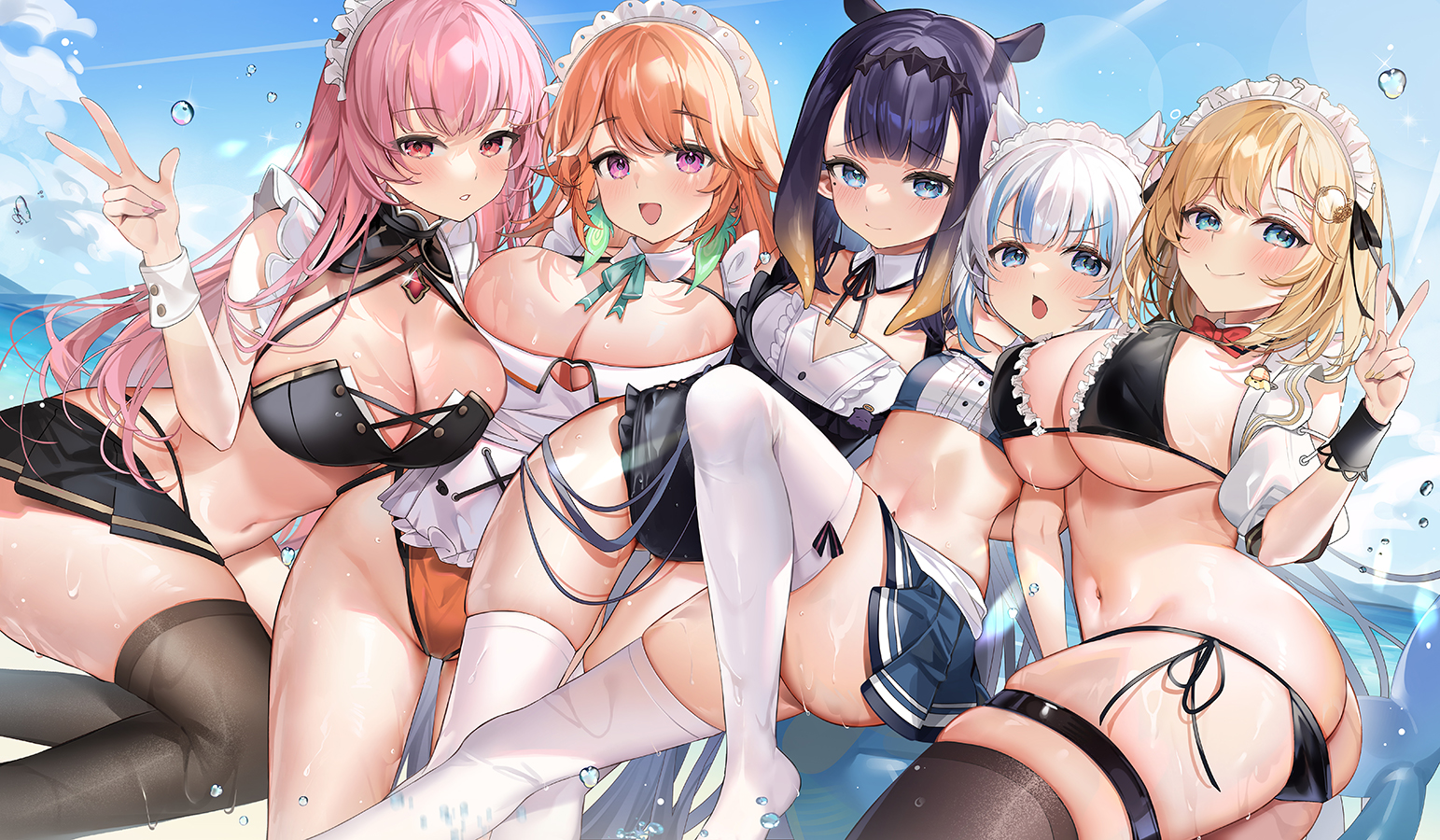 2d, 2d (artwork), 5girls, animal ears, ass, big breasts, bikini, bikini bottom, bikini top, blonde hair, blue eyes, blue hair, breasts, bursting breasts, cat ears, cleavage, earrings, female, female focus, female only, flat chest, flat chested, gawr gura, hololive, hololive english, hololive myth, huge breasts, looking at viewer, machi7769, maid, maid headdress, maid outfit, maid uniform, midriff, mori calliope, ninomae ina'nis, orange hair, pink eyes, pink hair, purple hair, red eyes, sideboob, skirt, stockings, swimsuit, swimwear, takanashi kiara, thick, thick ass, thick thighs, thighhighs, toned, toned female, underboob, virtual youtuber, watson amelia, wet, wet body, wet clothes, wet clothing, wet skin, white hair