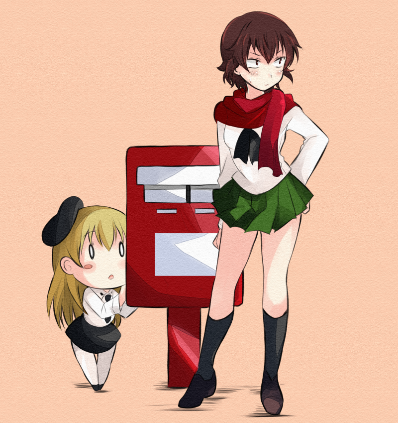 2girls abenattou beret black_legwear blonde_hair blush blush_stickers brown_eyes brown_hair caesar_(girls_und_panzer) carpaccio chibi dress_shirt duo girls_und_panzer hand_on_hip hat loafers looking_at_another looking_away mailbox miniskirt multiple_girls neckerchief necktie o_o pantyhose pink_background pleated_skirt scarf school_uniform serafuku shirt shoes short_hair skirt socks standing white_legwear white_shirt