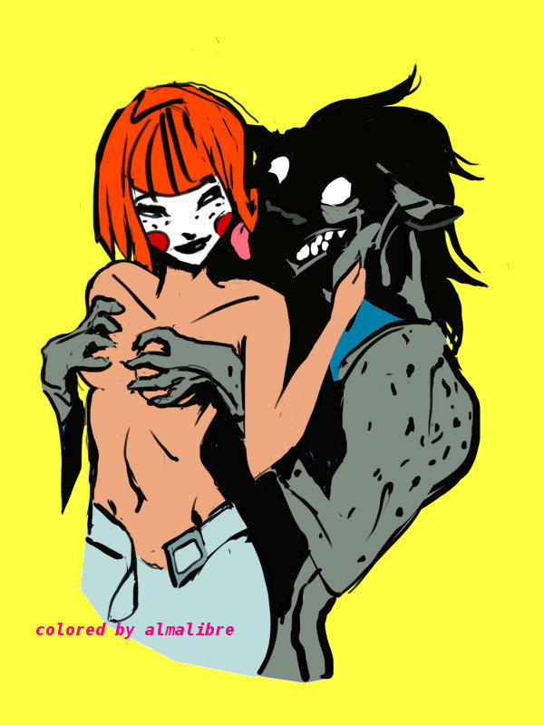 1boy 1boy1girl 1girls almalibre batman_(series) batman_beyond:_return_of_the_joker breast_hold clown_girl clown_makeup colored dc dc_comics dcau dee_dees hyena_humanoid male/female navel pointy_chin red_hair woof_(batman_beyond)