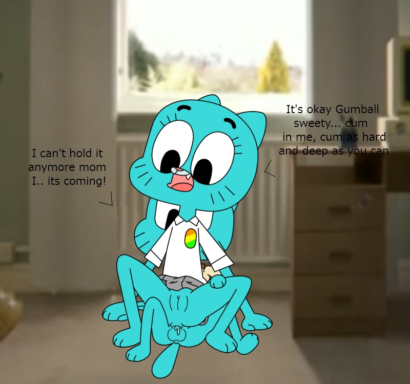 1boy, 1girls, anal, anal penetration, anal sex, anthro, anthro on anthro, anthro only, balls, blue body, blue fur, blue skin, bpq00x, cartoon network, dialogue, domestic cat, english, english dialogue, english text, feline, female, female penetrated, fur, gumball watterson, incest, male, male penetrating, male penetrating female, male/female, milf, mother and child, mother and son, nicole watterson, no humans, penetration, penis, pussy, sex, straight hair, tagme, testicles, text, the amazing world of gumball