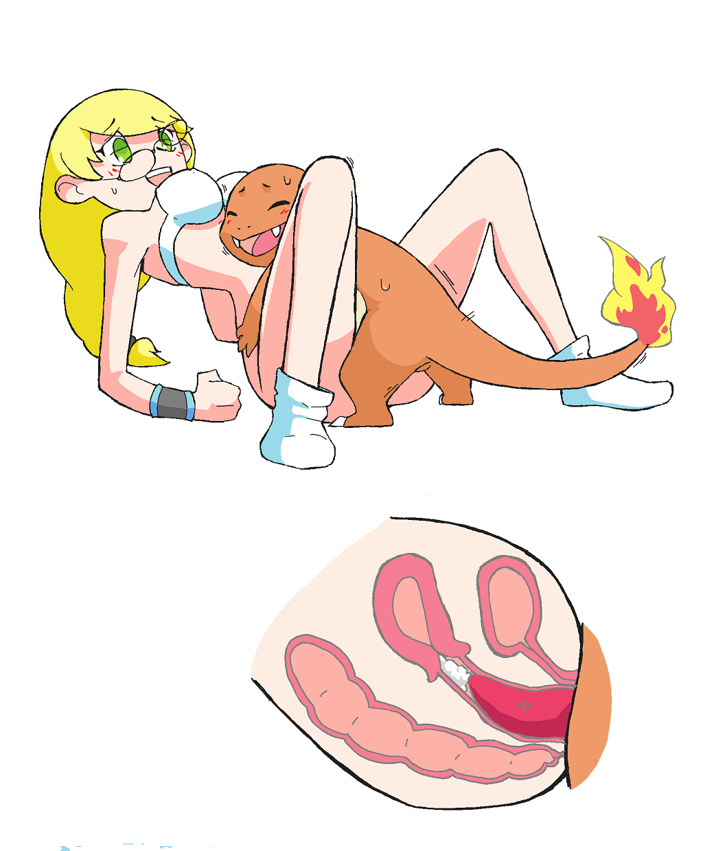 1boy 1girls bladder blonde_hair blush_lines bottomless_female bra bra_only charmander color cross_section cum_in_pussy female fire full_body glasses glasses_askew green_eyes hetero human internal_cumshot internal_vaginal interspecies knees_up low-tied_long_hair male medium_breasts nintendo no_shoes penis pokémon_(species) pokemon pokemon_(species) pokemon_on_female pokemon_rgby pokephilia reclining rectum sex simple_background socks soroxel spread_legs straight tail tail_fire uncensored urethra uterus vaginal_penetration veiny_penis white_background white_bra white_socks