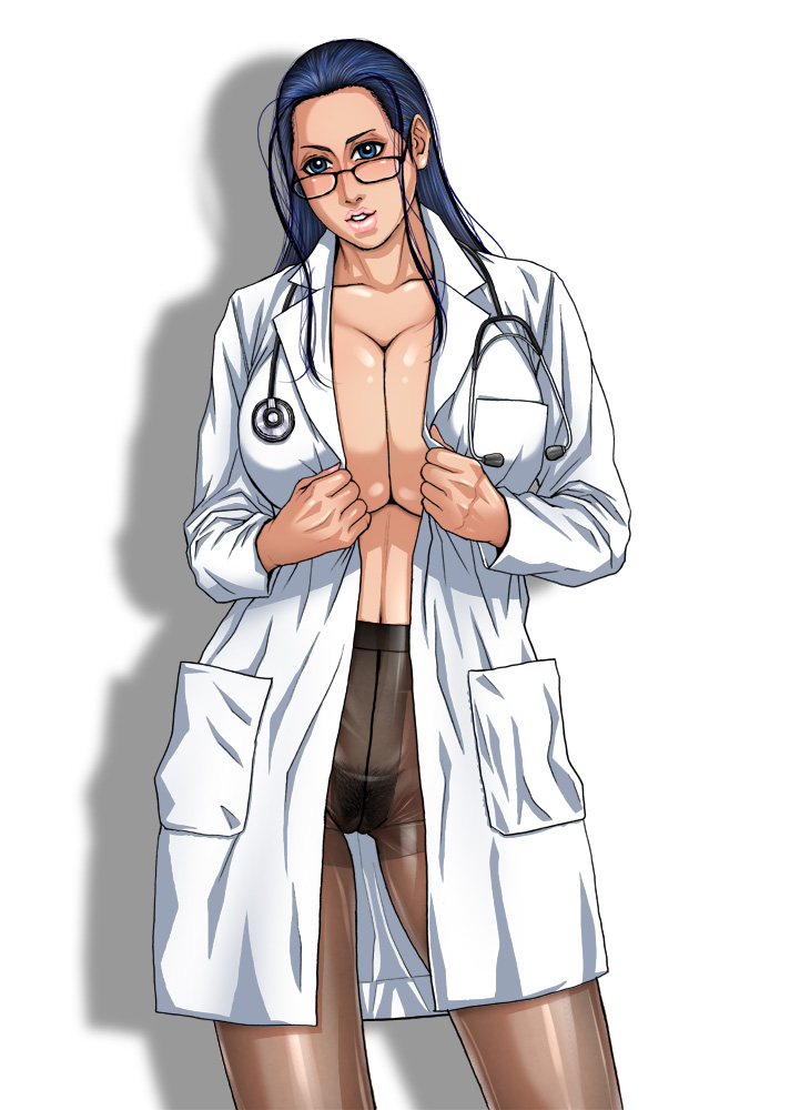 1girls black_hair blue_eyes breasts cleavage female female_only glasses huge_breasts kazuki_kotobuki lab_coat labcoat long_hair nico_robin no_bra no_panties one_piece open_clothes open_shirt pantyhose post-timeskip pubic_hair see-through_pantyhose stethoscope