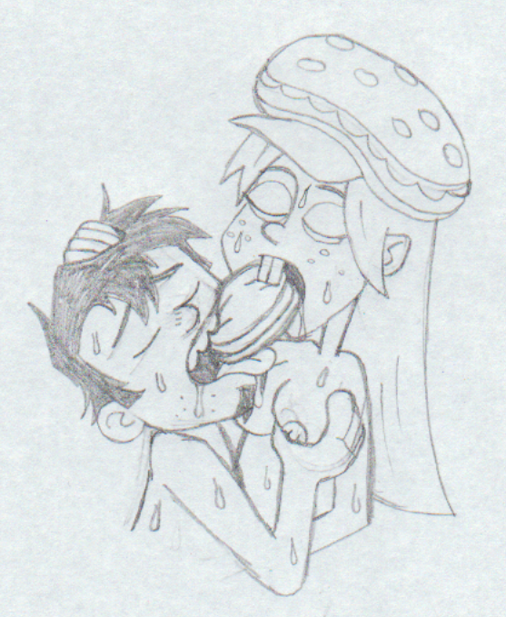 1boy 1boy1girl 1girls accurate_art_style artist_request black_hair breast_grab breasts buckteeth burger burger_hat closed_eyes cropped_torso dan_(dan_vs) dan_vs. eating female food freckles_on_face grope groping groping_breasts hand_on_head hetero hortense long_hair male male/female monochrome nude pencil_(artwork) scan sex_while_eating shared_food sharing_food simple_background sketch small_breasts soul_patch straight stubble sweat tagme tongue tongue_out traditional_media_(artwork) upper_body