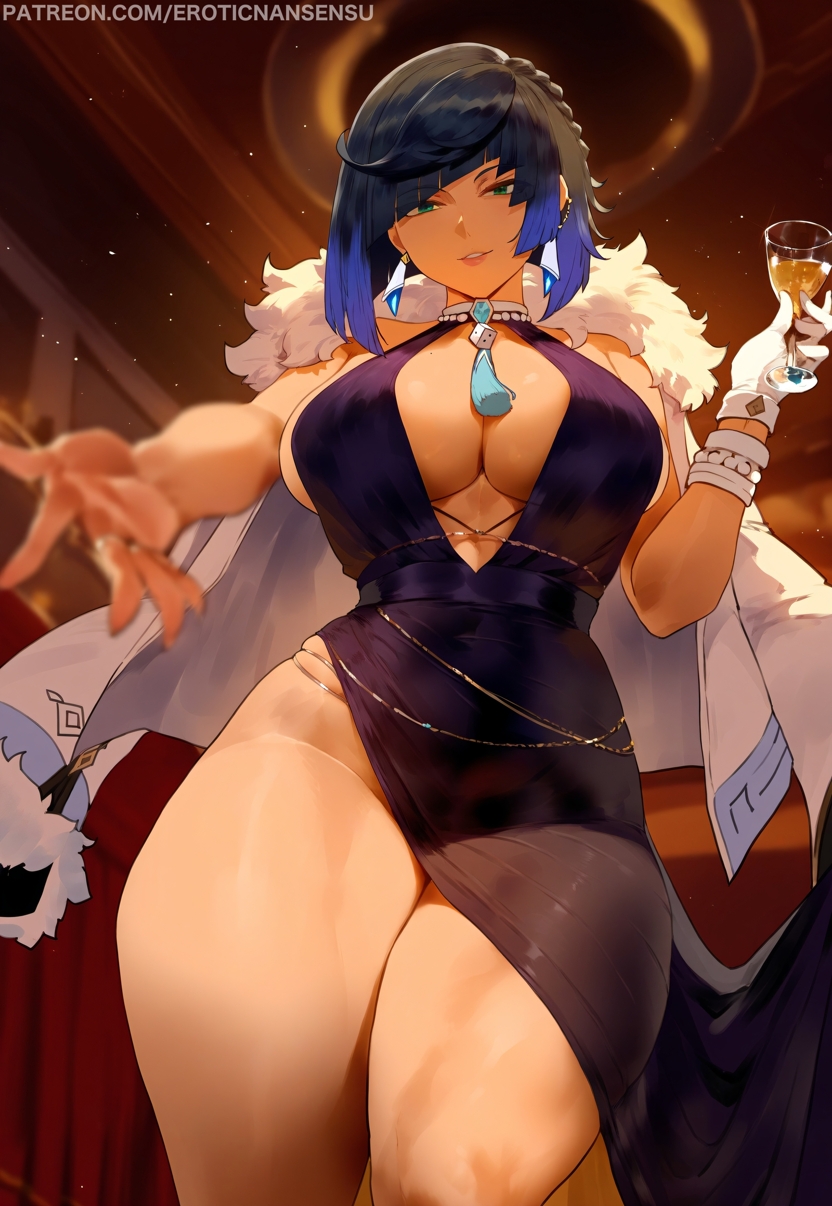 1girls ai_assisted ai_generated artist_name bare_arms bare_legs belly_chain big_breasts blue_hair blunt_bangs blunt_ends bob_cut braid choker cleavage color curvy depth_of_field diagonal_bangs dress drink earrings erotic_nansensu from_below fur-trimmed_jacket fur_trim genshin_impact gloves gradient_hair green_eyes hip_bones hips holding_drink inner_sideboob jacket_on_shoulders jewelry large_breasts legs_together looking_at_viewer patreon_username revealing_clothes short_hair side_slit skindentation solo tassel thick_thighs yelan_(genshin_impact)