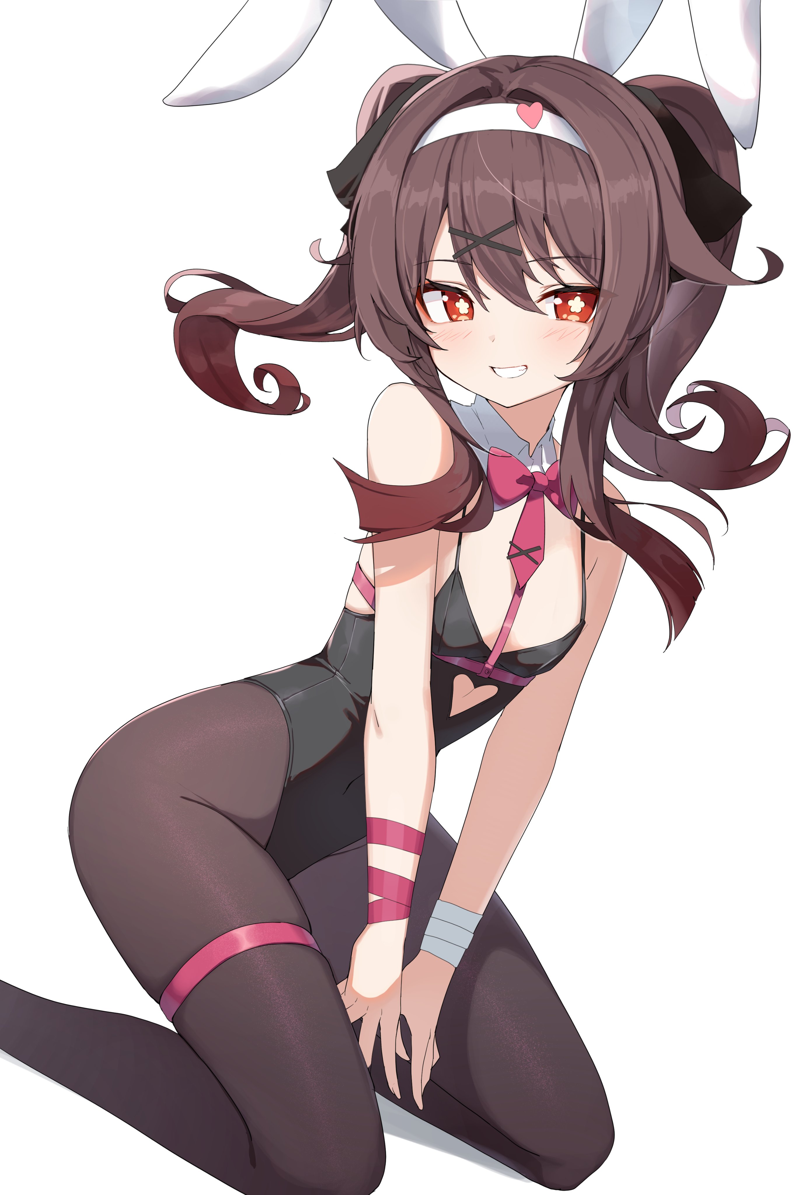 1girls, 2d, 2d (artwork), alternate costume, black bunnysuit, bottom heavy, breasts, brown hair, bunny ears, bunnysuit, female, female focus, female only, flower-shaped pupils, genshin impact, high resolution, highres, hu tao (genshin impact), light skin, light-skinned female, looking at viewer, on knees, petite, petite body, petite female, pigtails, red eyes, simple background, slim female, small breasts, smiling, smiling at viewer, solo, solo female, solo focus, thick thighs, tight clothing, w.k, white background, white bunny ears, wide hips, young, younger female