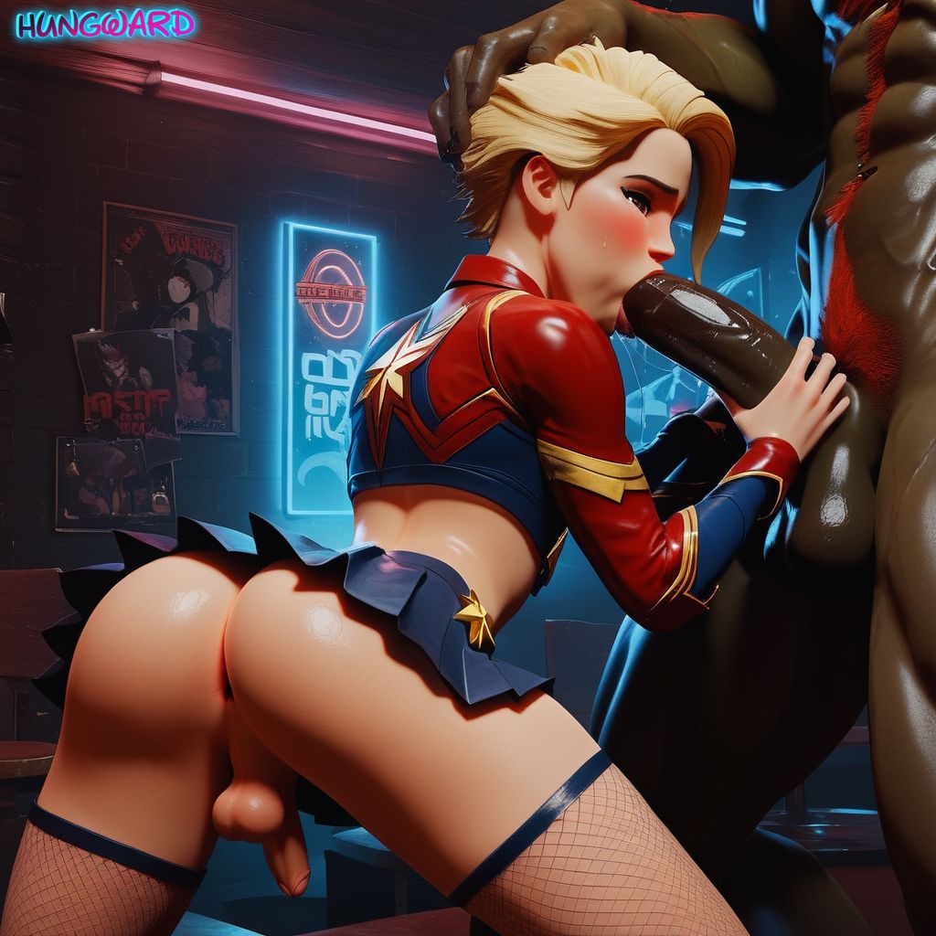 1boy, ai generated, anus, artist name, ass, big penis, blonde hair, blowjob, captain marvel, carol danvers, club, dark skin, dark-skinned male, fellatio, femboy, fishnet stockings, gay, gay sex, genderswap, genderswap (ftm), hungward, large penis, male, male focus, male only, marvel, marvel comics, oral, penis, rule 63, stockings, yaoi