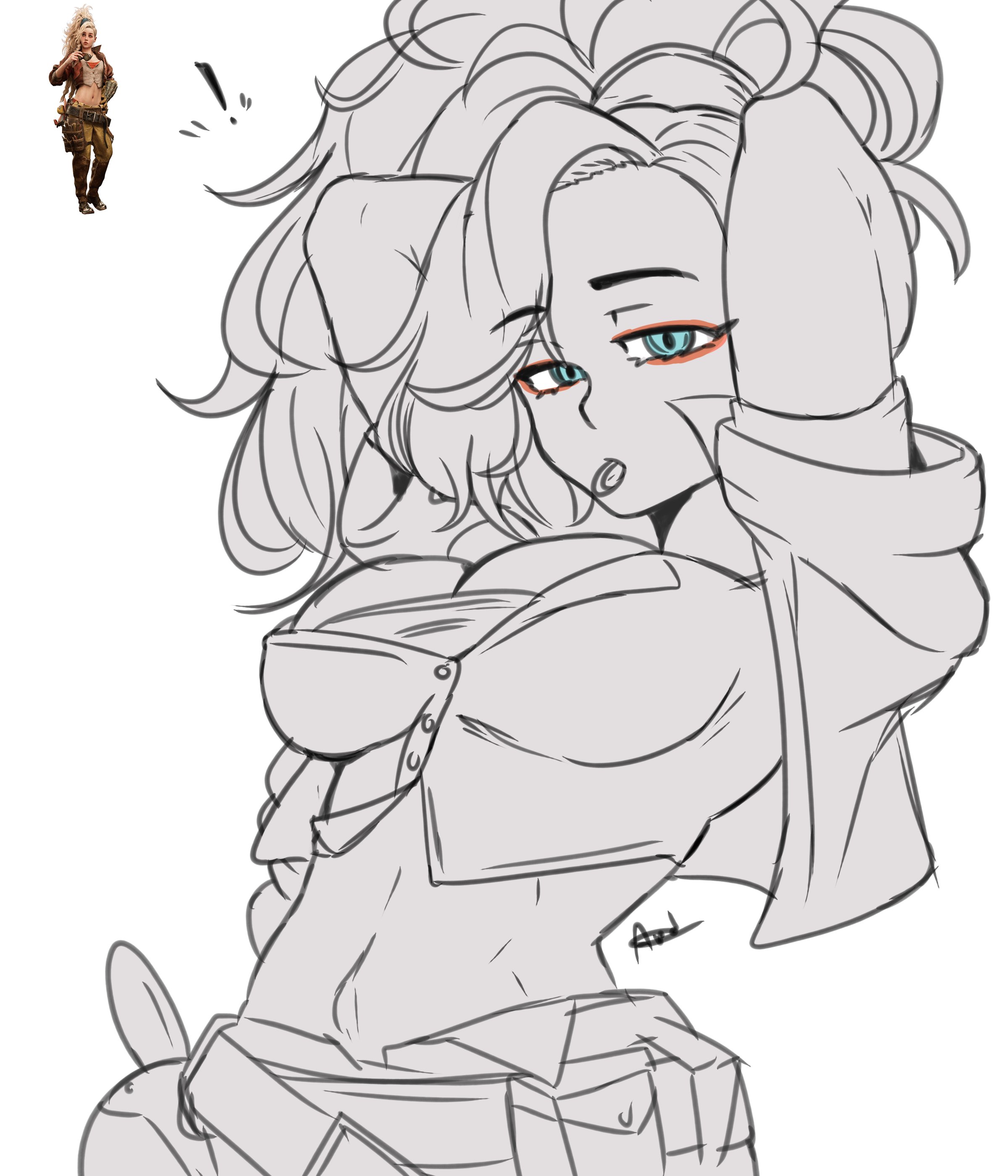 ac hunter, breasts, cleavage, clothed, female, gemma (monster hunter wilds), monster hunter, monster hunter wilds, side ponytail, sketch