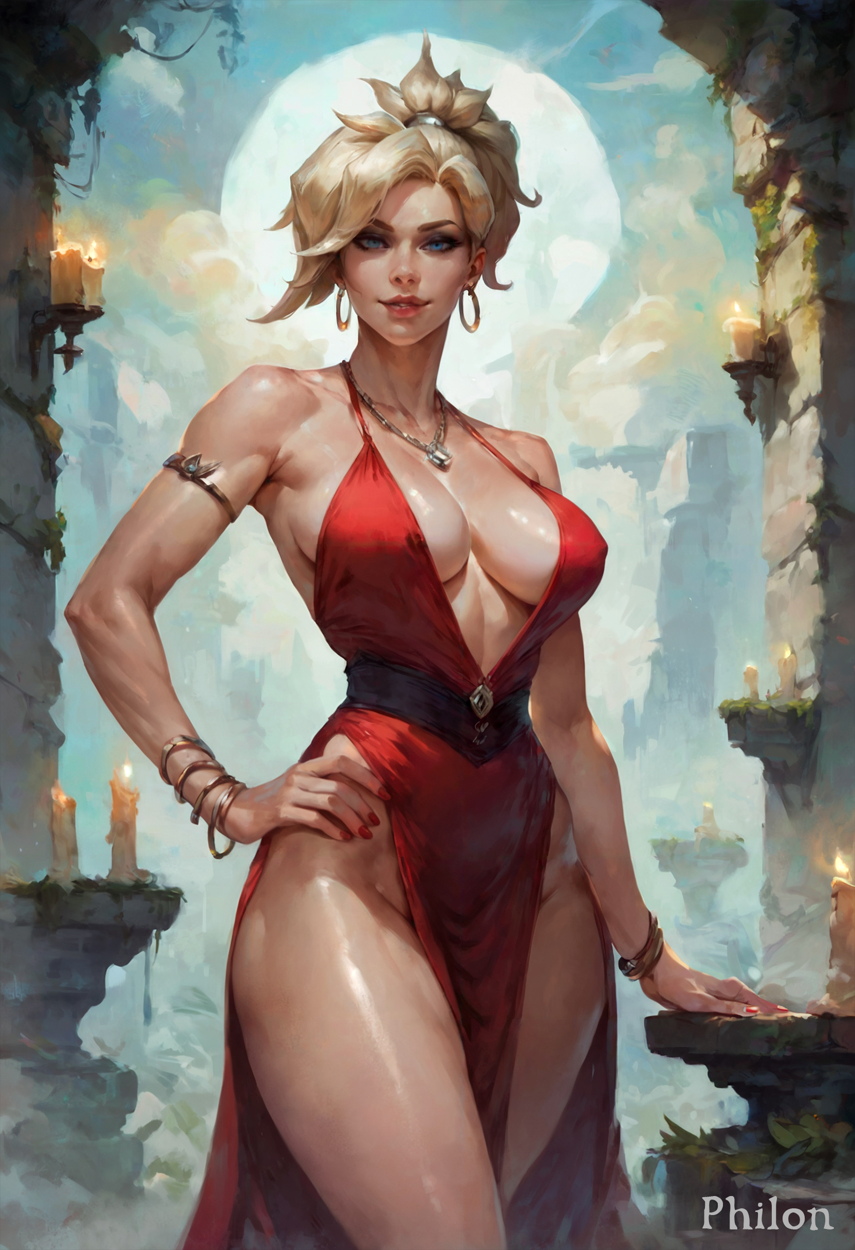 1girls, ai generated, armlet, bare shoulders, blonde hair, blue eyes, bracelet, breasts, breasts apart, candle, cleavage, covered nipples, double slit dress, dress, earrings, evening gown, female, female only, fingernails, hand on hip, high slit dress, hoop earrings, jewelry, large breasts, light skin, light-skinned female, lips, lipstick, looking at viewer, makeup, mercy, moon, nail polish, necklace, no bra, no panties, nose, overwatch, overwatch 2, parted lips, pelvic curtain, philon, plunging neckline, ponytail, red dress, red lips, red nails, side slit, slit dress, solo, stable diffusion, standing, thighs