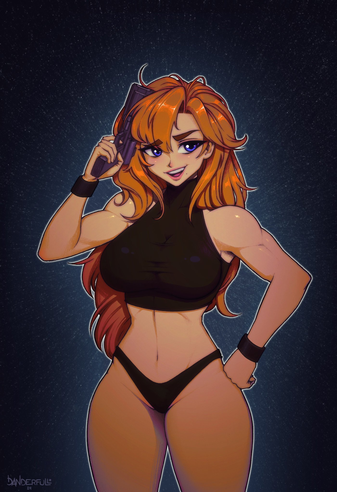 1girl, 1girls, alternate hairstyle, big breasts, blonde hair, blonde-haired female, blue eyes, breasts, casual outfit (metroid), clothed, clothed female, danderfull, female, female focus, female only, hair down, metroid, nintendo, pistol, revealing clothes, samus aran, smile, smiling, smiling at viewer, solo, solo female, solo focus, super metroid, thick thighs, thighs, video game, weapon