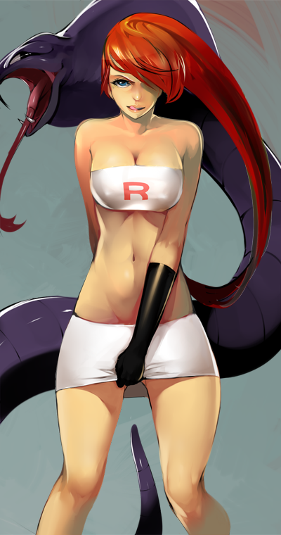 1girls abs arbok black_gloves blue_eyes breasts burgundy_hair cleavage earrings elbow_gloves eyelashes female gloves hair_over_one_eyes human jessie_(pokemon) licking_lips lipstick long_hair looking_at_viewer midriff miniskirt mound_of_venus naughty_face navel nintendo orange_hair pokemon pokemon_rgby pokephilia purple_hair red_hair red_lipstick skirt slim smile standing team_rocket tongue tubetop wide_hips zerosabort