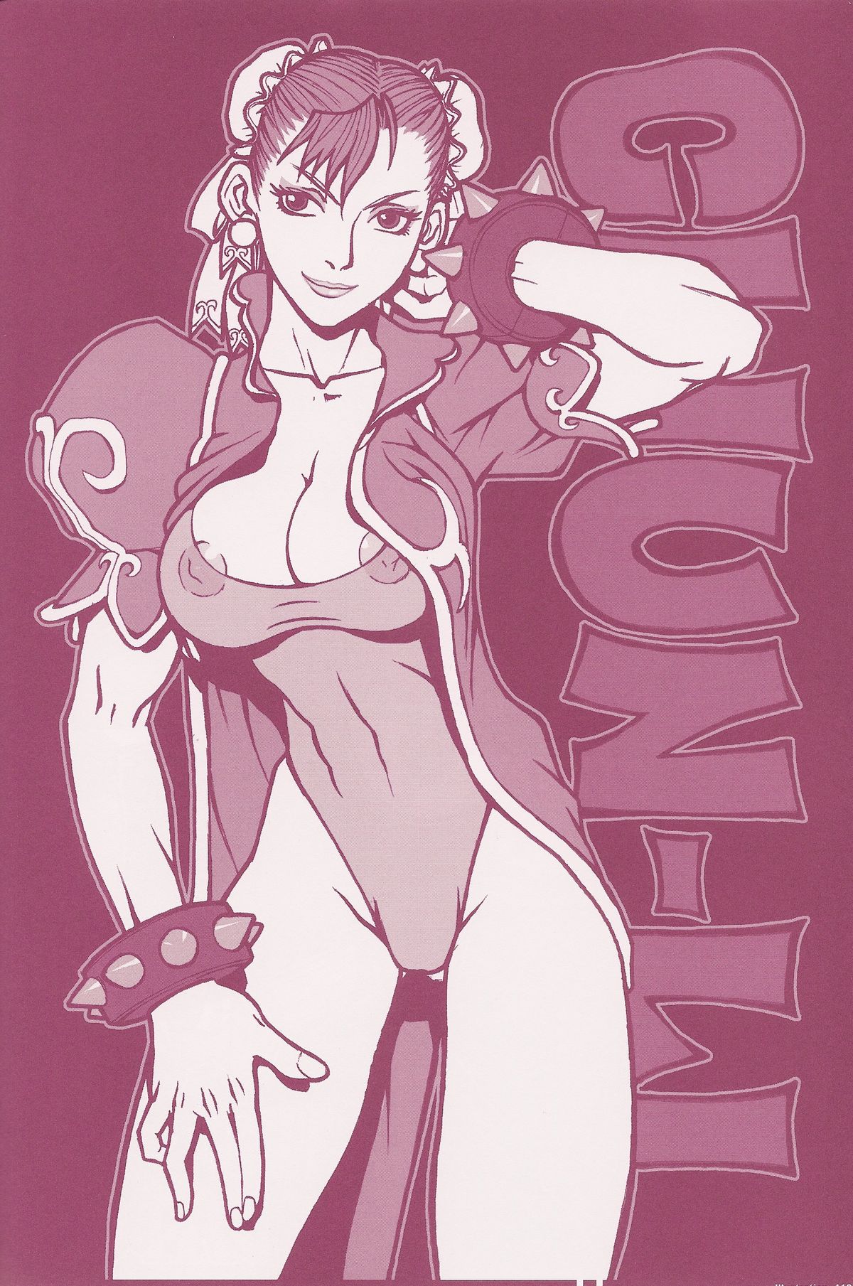 1girls 5_fingers breasts character_name chun-li clothed female female_only human monochrome nipples nipples_visible_through_clothing q-bit simple_background solo street_fighter