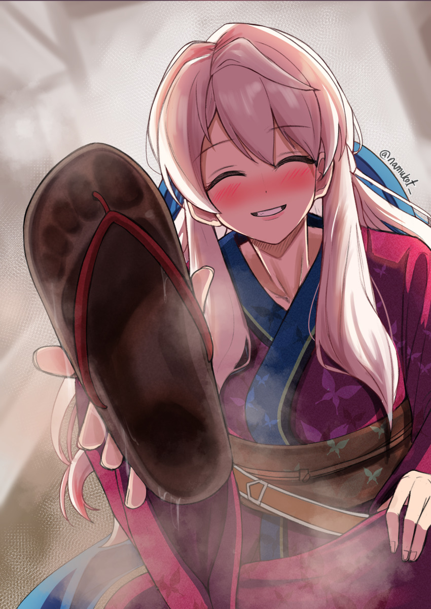 :d alternate_costume dirty fire_emblem fire_emblem:_radiant_dawn fire_emblem_heroes foot_focus footprint_on_sandals holding_sandals japanese_clothes kimono looking_at_viewer micaiah_(fire_emblem) micaiah_(hoshidan_summer)_(fire_emblem) namukot new_year nintendo official_alternate_costume saliva sandal_fetish sandals sandals_removed shoes smile yukata