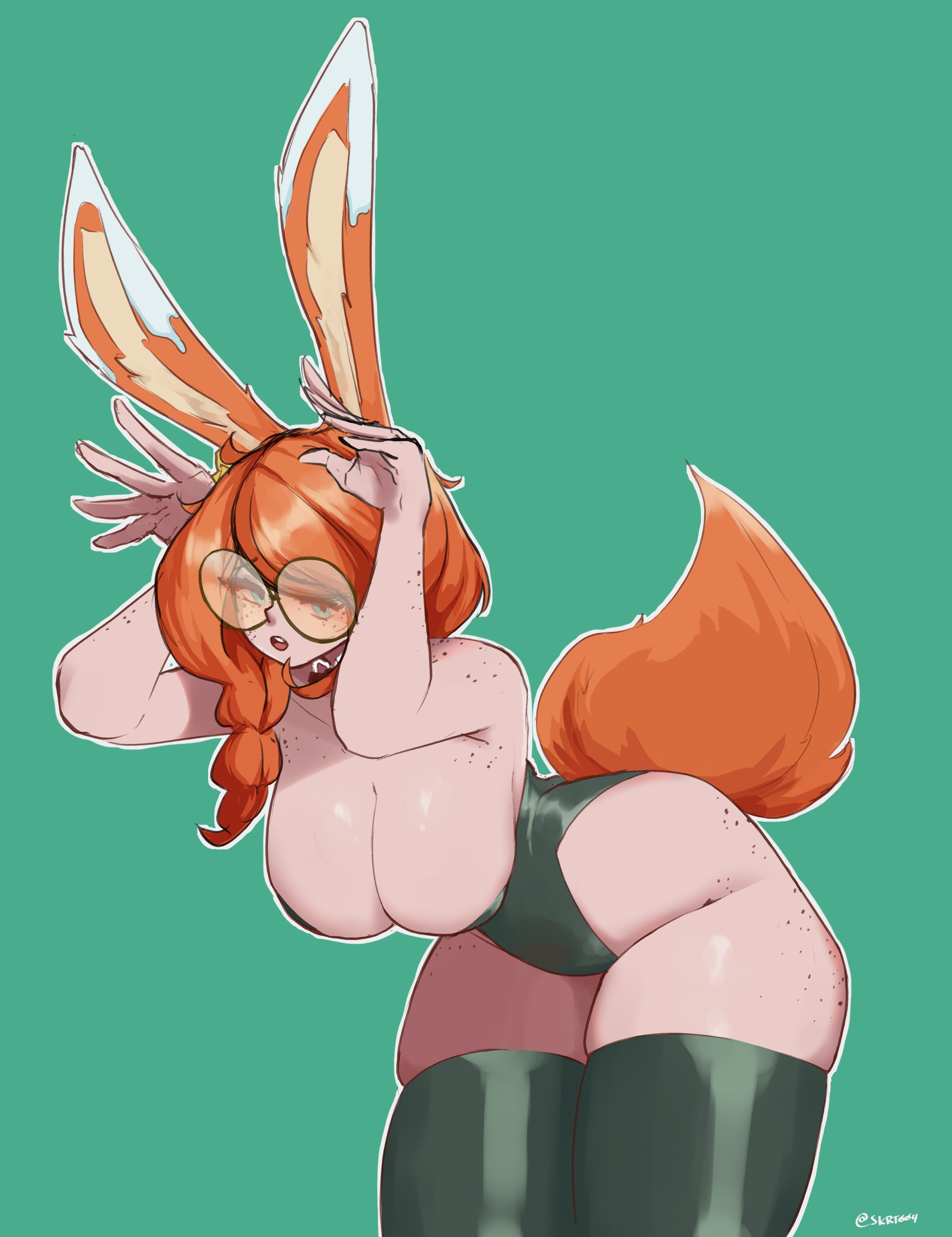 1girls, aurora (league of legends), bent over, big breasts, blue eyes, breasts, bunny ears, bunny girl, bunny tail, bunnysuit, cleavage, female, female focus, female only, freckles, freckles on ass, freckles on breasts, freckles on face, freckles on shoulders, glasses, hi res, league of legends, leotard, rabbit ears, red hair, riot games, round glasses, skrt004, thighhighs, vastaya