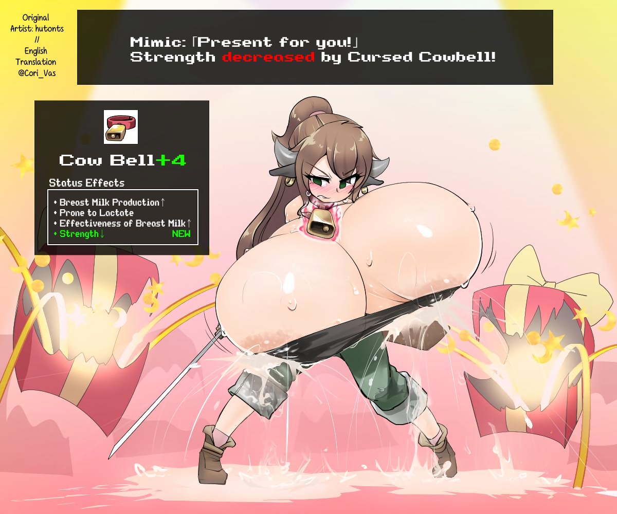 big_breasts blush body_modification breast_expansion breasts breasts_bigger_than_head breasts_out collar corivas cow_bell cow_girl cow_horns cowbell cowgirl cursed cursed_item cursed_object english english_text excessive_lactation female game_mechanics gameplay_mechanics heat item_description lactating lactation lacto_(haruozi) large_breasts milk_squirt mimic monster rpg text transformation wardrobe_malfunction
