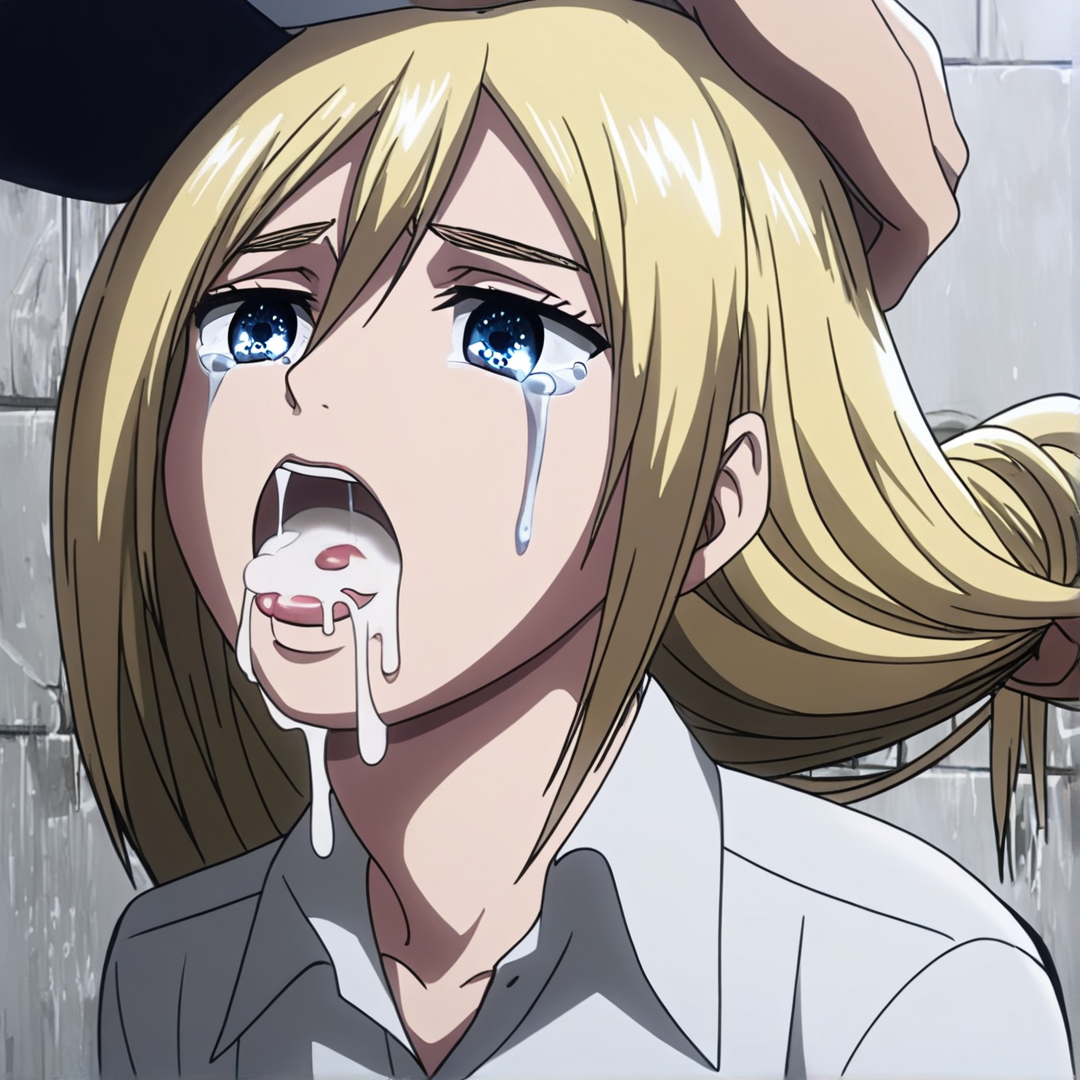 ai assisted, ai generated, attack on titan, blonde hair, blue eyes, crying, crying with eyes open, cum in mouth, faceless male, female, head grab, historia reiss, male, pulling hair, tears