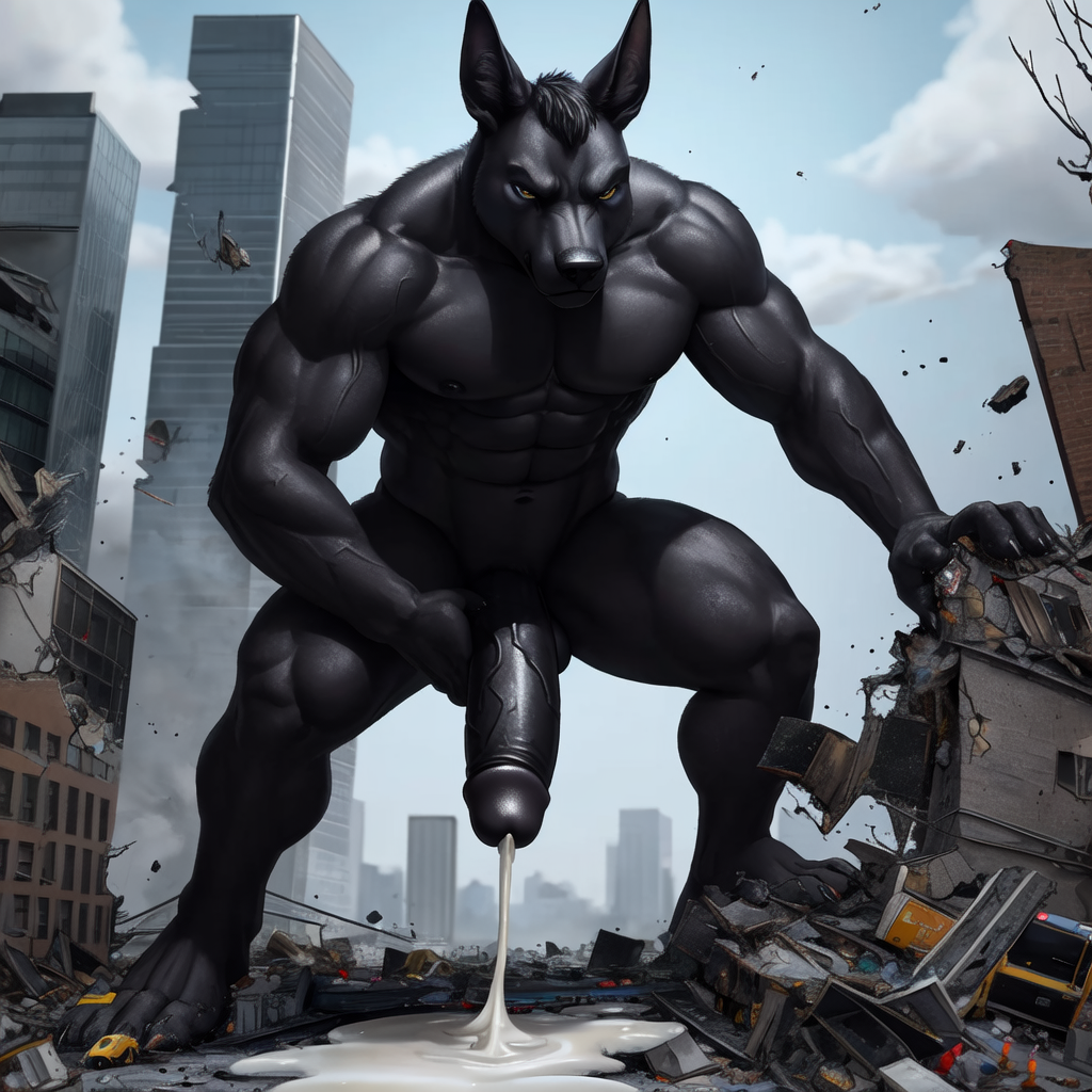 ai_generated anubis black_body cum cumshot destruction furry furry_only macro male_only masturbation penis solo stomp