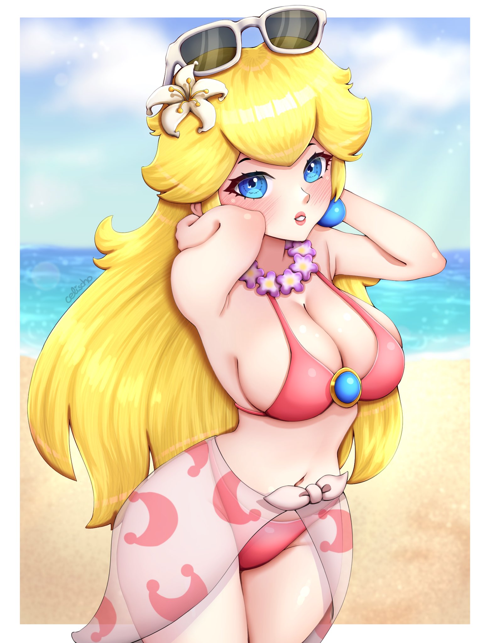 1girls, armpits, arms behind head, beach, big breasts, bikini, blonde hair, blue eyes, breasts, brooch, busty, celischo, child bearing hips, cleavage, curvy, female, female only, flower in hair, flower necklace, large breasts, legs, long hair, mario (series), navel, nintendo, parted lips, pink bikini, pose, posing, princess peach, princess peach (swimwear), sarong, seductive, seductive look, sexy armpits, solo, sunglasses, sunglasses on head, super mario odyssey, swimsuit, thick thighs, thighs, voluptuous, wide hips