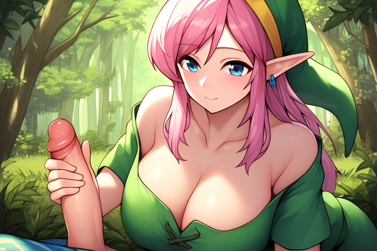 ai_generated elf_ears forest handjob large_breasts link link_(a_link_to_the_past) link_(shounen_captain) pink_hair rule_63 tagme the_legend_of_zelda