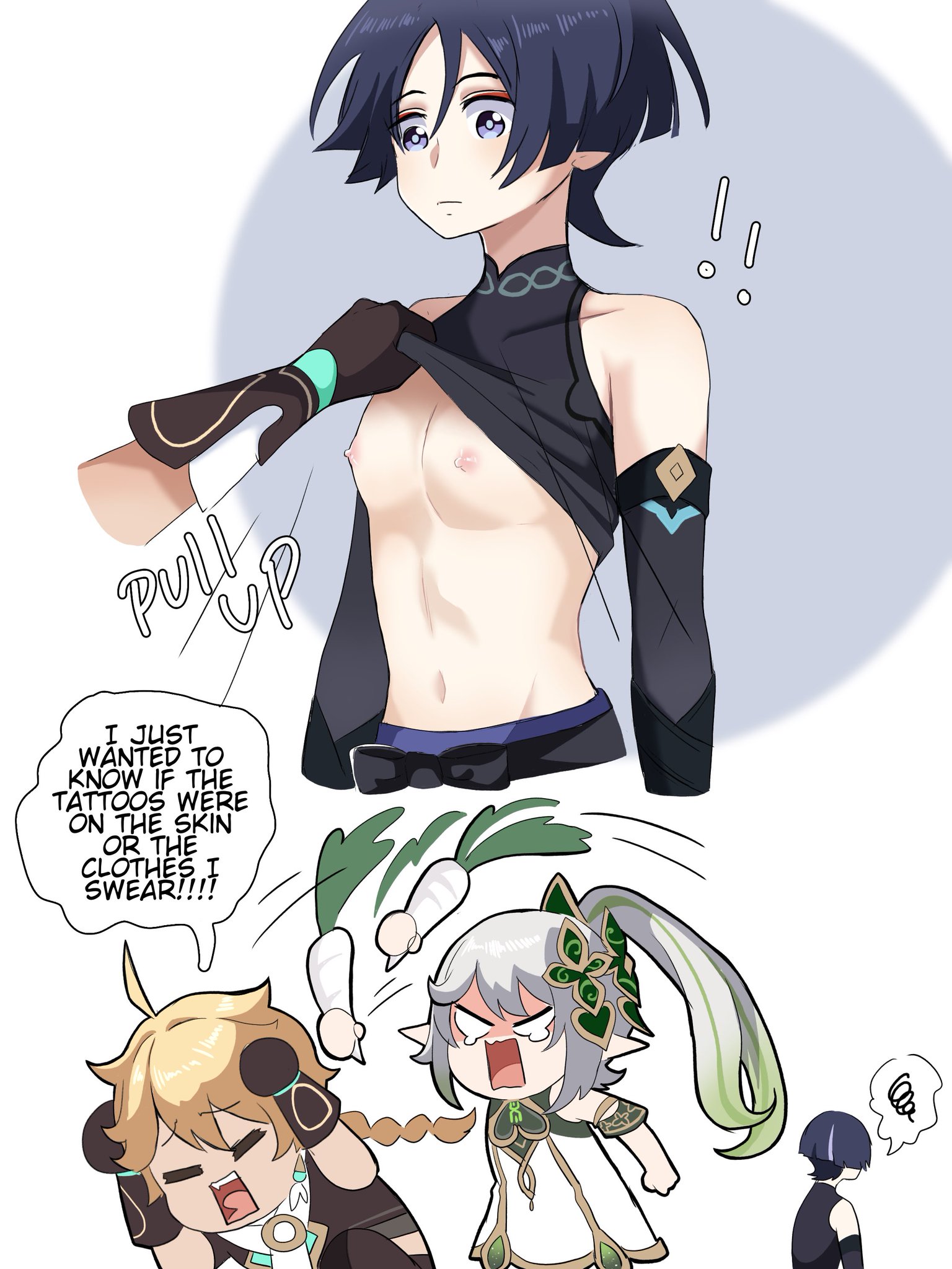 1girls, 2boys, aether (genshin impact), artist request, bodysuit, breasts, cute, female, femboy, flashing, flashing breasts, gay, genshin impact, hard nipples, julydelic, lifting shirt, male, no bra, pink nipples, purple hair, scaramouche (genshin impact), small breasts, small waist, tiny breasts, yaoi