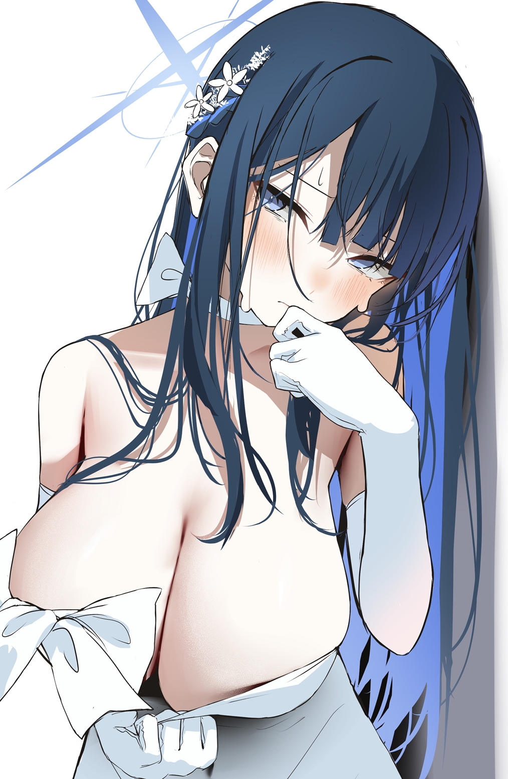 arius_satellite_school_student arius_squad_(blue_archive) bare_chest bare_shoulders black_hair blue_archive blue_eyebrows blue_eyes blue_eyes_female blue_hair blue_hair_female blue_halo blush blush_lines blushing_female breasts choker cleavage colored_inner_hair dress elbow_gloves embarrassed embarrassed_female female gloves hair_ornament hair_ornaments halo head_tilt large_breasts long_hair multicolored_hair nidaime_(doronbo) official_alternate_costume saori_(blue_archive) saori_(dress)_(blue_archive) strapless strapless_dress sweat sweatdrop sweating thesecond tilted_head upper_body very_long_hair white_choker white_dress white_gloves