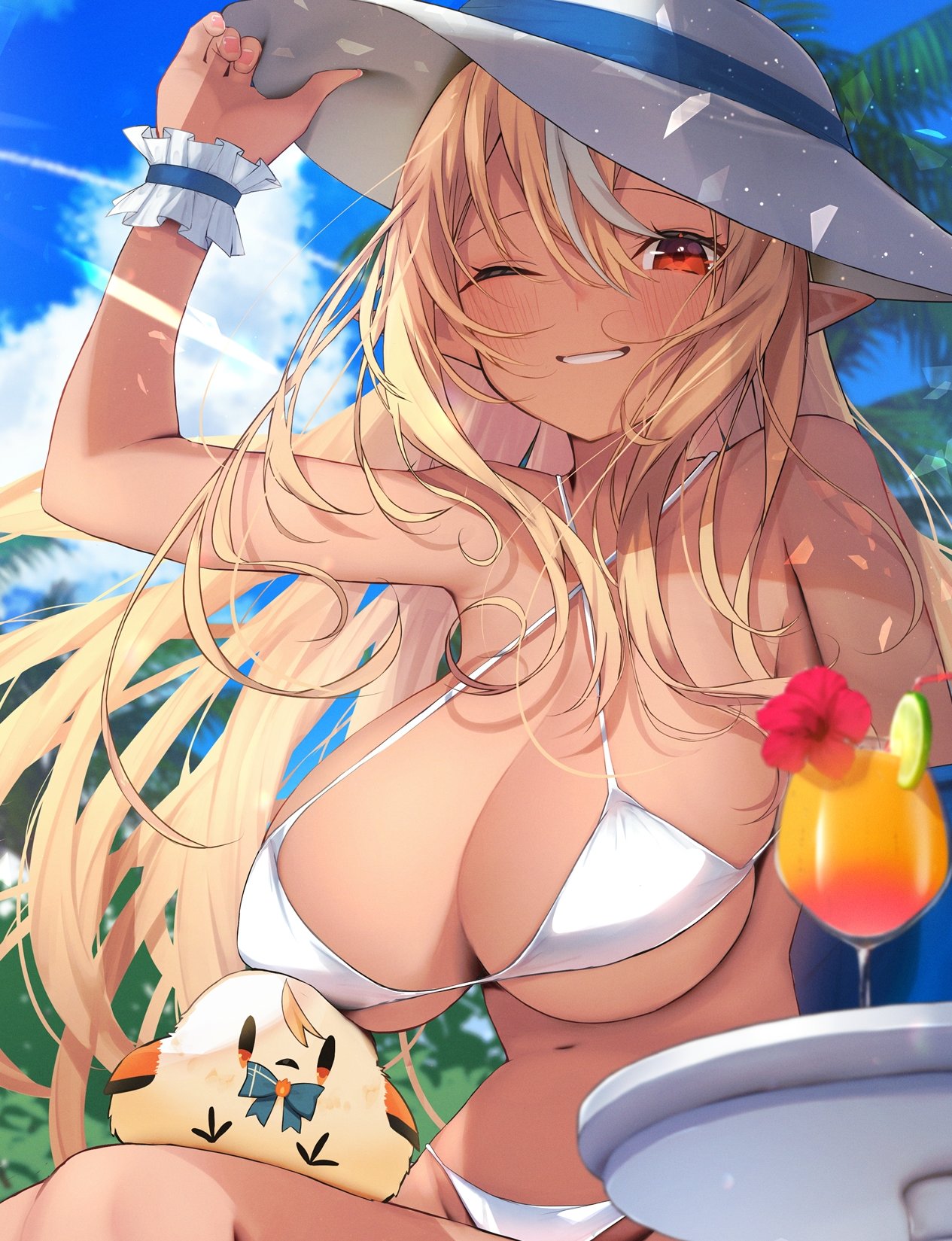 arm_up bare_arms bare_shoulders bikini bikini_bottom bikini_only bikini_top bird blonde_female blonde_hair blonde_hair blonde_hair_female blue_sky blush blush blush_lines blushing_at_viewer blushing_female breasts chick cleavage cloud clouds cloudy_sky cocktail covered_nipples criss-cross_halter cross_halter_bikini dark-skinned_female dark_elf dark_skin day drink elf elfriend_(shiranui_flare) female glass grin halterneck hand_on_headwear hat hololive large_breasts long_hair looking_at_viewer multicolored_hair navel nidaime_(doronbo) one_eye_closed outdoors outside palm_tree palm_trees parted_lips pointy_ears red_eyes red_eyes_female shiranui_flare sitting sky smile smiling smiling_at_viewer solo stomach streaked_hair string_bikini sun_hat sunlight swimsuit swimwear thesecond tropical_drink virtual_youtuber white_bikini white_bikini_bottom white_bikini_top white_hat white_string_bikini white_swimsuit white_swimwear wrist_cuffs