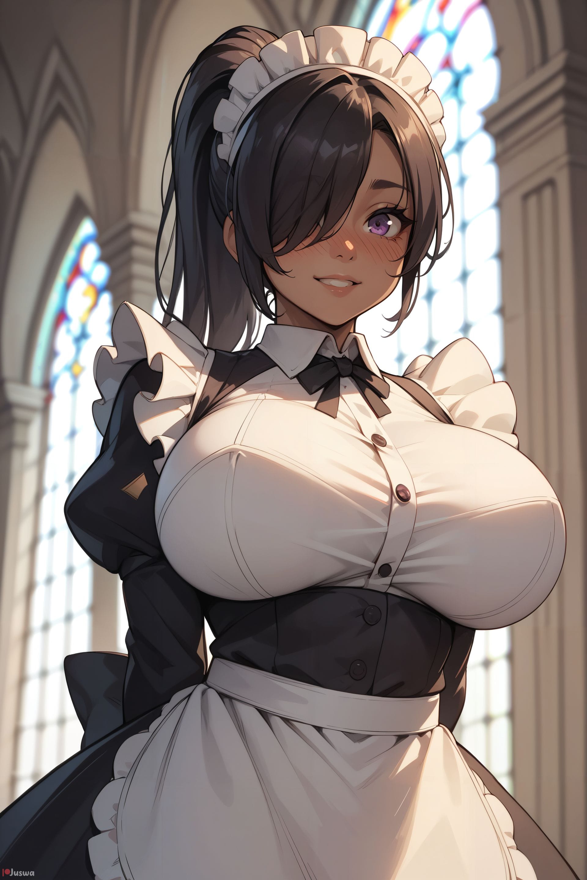 ai generated, apron, arms behind back, bangs, black bow, black hair, blush, bow, breasts, dark skin, dark-skinned female, dress, female, female only, frills, hair over one eye, indoors, juliet sleeves, juswa, large breasts, long hair, long sleeves, looking at viewer, maid, maid headdress, parted lips, ponytail, puffy sleeves, purple eyes, smile, solo, stained glass, underbust, waist apron, white apron