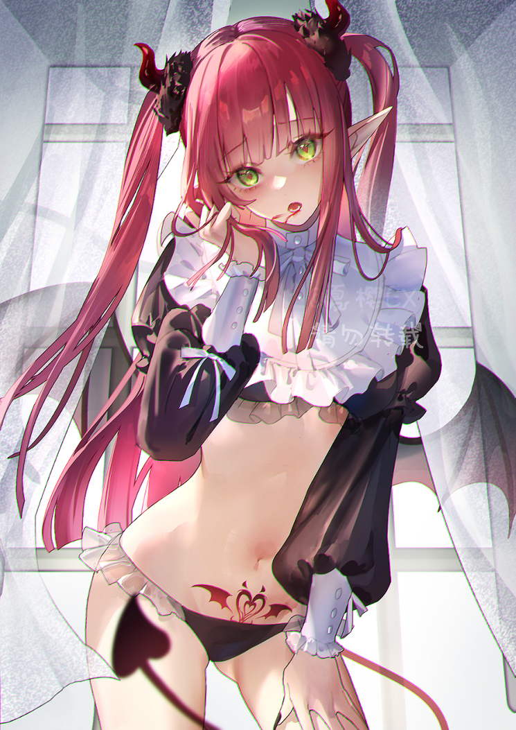 1girls ass_visible_through_thighs bare_legs black_panties blush demon_girl demon_tail female female_only green_eyes groin head_tilt heart-shaped_pupils horns kitagawa_marin looking_at_viewer maid navel oz-xy panties pointy_ears pubic_tattoo red_hair rizu-kyun rizu-kyun_(cosplay) solo sono_bisque_doll_wa_koi_wo_suru spread_legs succubus succubus_tattoo tail tattoo twintails underwear