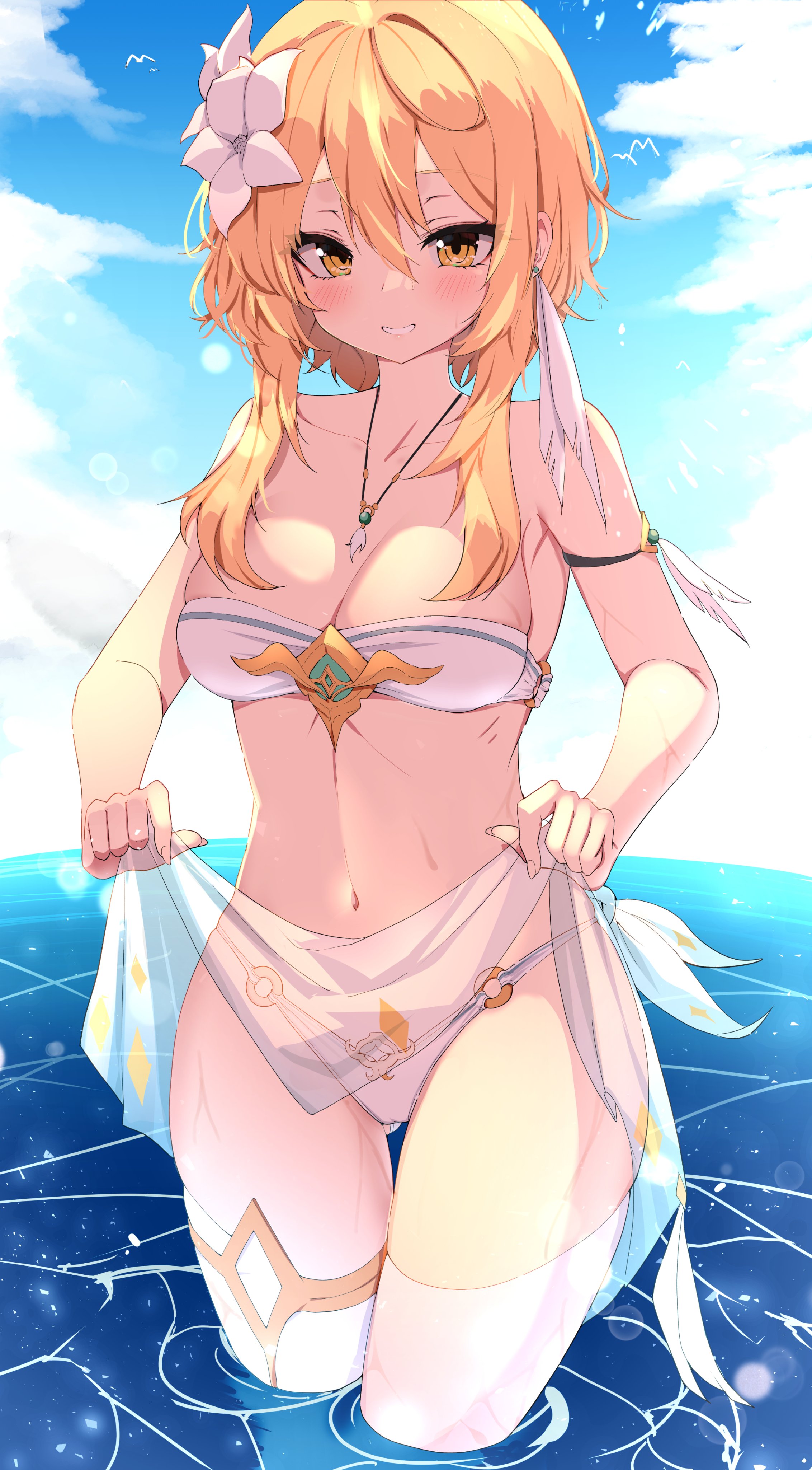 1girls, 2d, 2d (artwork), alternate costume, belly button, bikini, bikini bottom, bikini top, blonde hair, bra, breasts, clouds, day, female, female focus, female only, flowers, flowers in hair, front view, genshin impact, high resolution, highres, hoyoverse, light skin, light-skinned female, looking at viewer, lumine (genshin impact), medium breasts, mihoyo, navel, ocean, outdoors, revealing swimsuit, short hair, slim female, smiling, smiling at viewer, solo, solo female, solo focus, standing, standing in water, summer, swimsuit, thighhighs, thong, thong bikini, two piece swimsuit, w.k, water, white bikini, white bikini bottom, white bikini top, white bra, white flowers, white thighhighs, white thong, yellow eyes, young, younger female