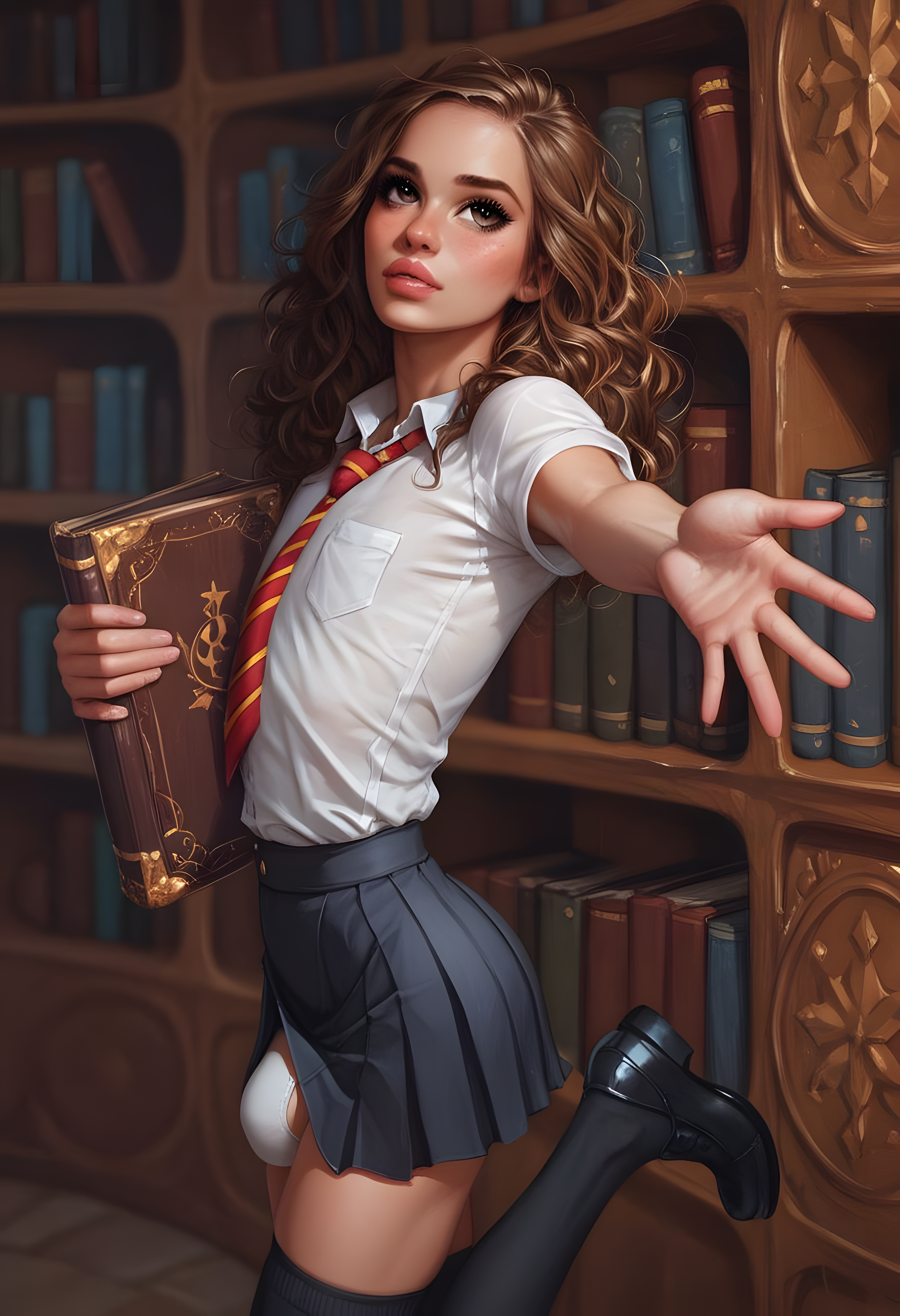 1boy, abs, absurd res, ai generated, brown eyes, brown hair, bulge, femboy, genderswap, gryffindor, gryffindor tie, harry potter, hermione granger, hogwarts, large eyes, library, male, male hermione, male only, panties, rule 63, school uniform, skirt, student, thigh socks, thighhighs, trap, twink, young