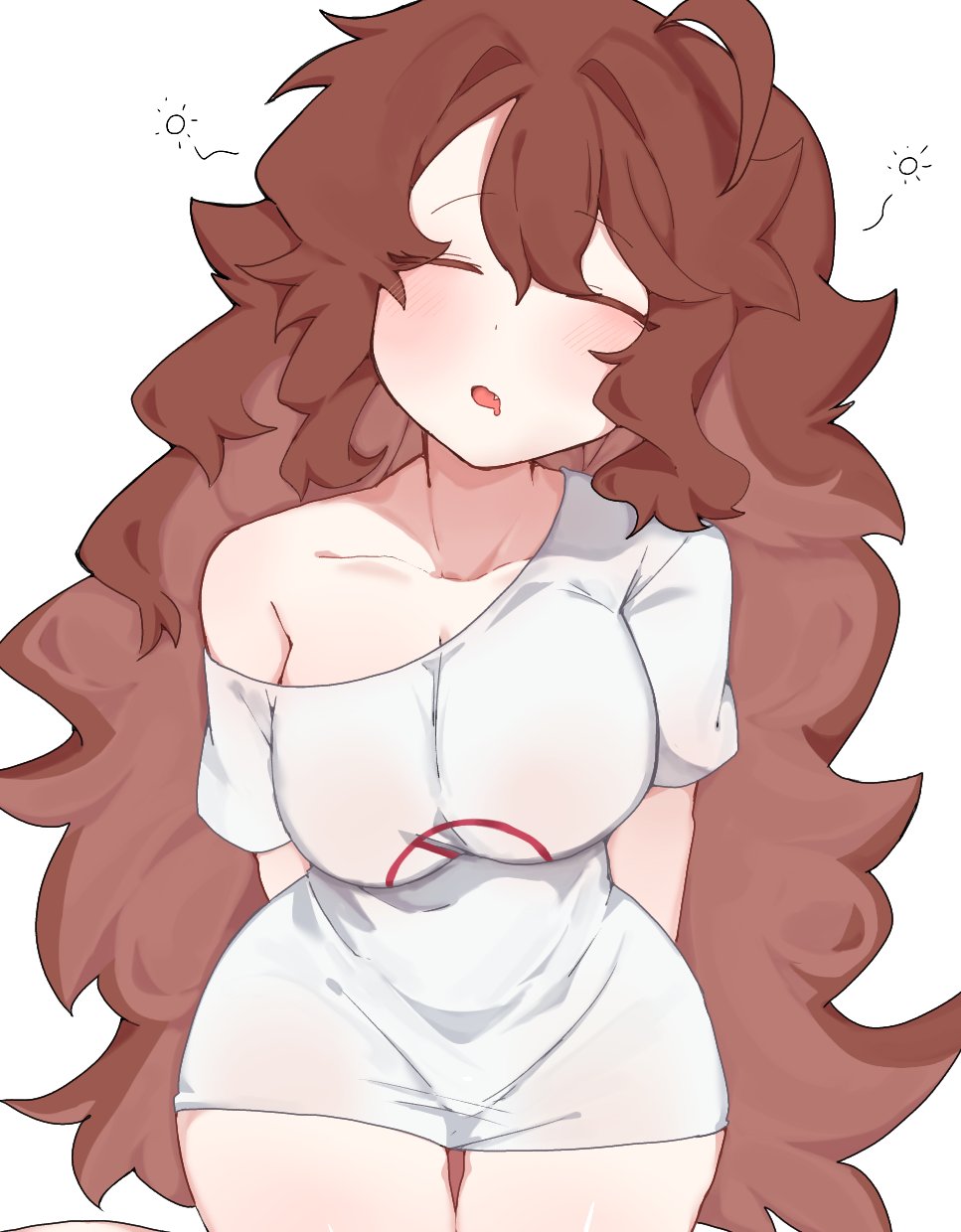 big_breasts brown_hair bushy_hair closed_eyes female female_only friday_night_funkin girl_only girlfriend_(friday_night_funkin) large_shirt long_hair sleeping sleepy t-shirt tyama_haruki white_background