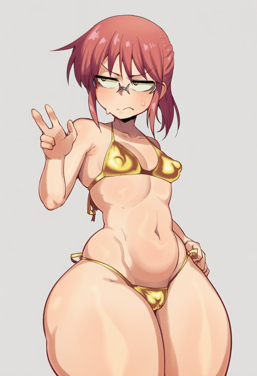 ai generated, annoyed, annoyed expression, breasts, female, glasses, goghkunn, golden bikini, huge hips, kobayashi, kobayashi-san chi no maidragon, looking away, micro bikini, miss kobayashi's dragon maid, peace sign, plump thighs, small breasts, sweat, sweatdrop, thick thighs