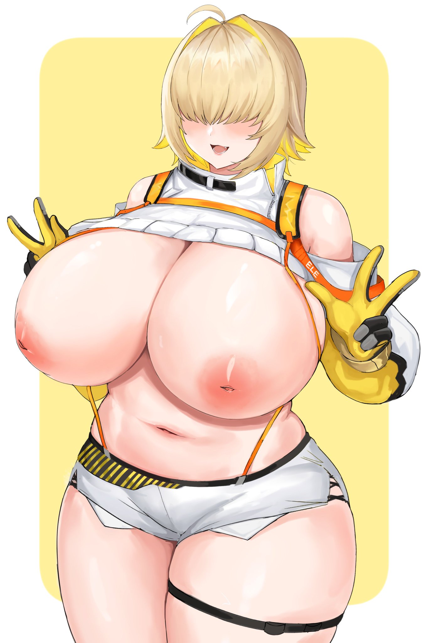 1girls big_breasts big_nipples breasts breasts_bigger_than_head chubby chubby_female elegg_(nikke) exposed_breasts exposed_midriff fat fat_female goddess_of_victory:_nikke hair_over_eye hips light-skinned_female light_skin looking_at_viewer midriff nanasuru4 nipples short_hair shortstack thick_thighs thigh_strap wide_hips