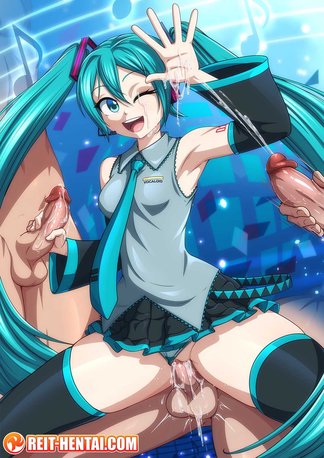 1girls 3boys ;d blue_hair blue_hair_female clothed_female_nude_male clothed_sex cock_in_pussy cowgirl_position cum cum_in_pussy cum_inside cum_on_face female female_focus green_eyes green_hair group group_sex hand_on_penis hatsune_miku light-skinned_male light_skin one_eye_closed pale-skinned_female pale_skin panties panties_aside partial_male penis_in_pussy project_diva reit sex skirt skirt_up tagme tie twintails vaginal vaginal_penetration vaginal_sex vocaloid watermark