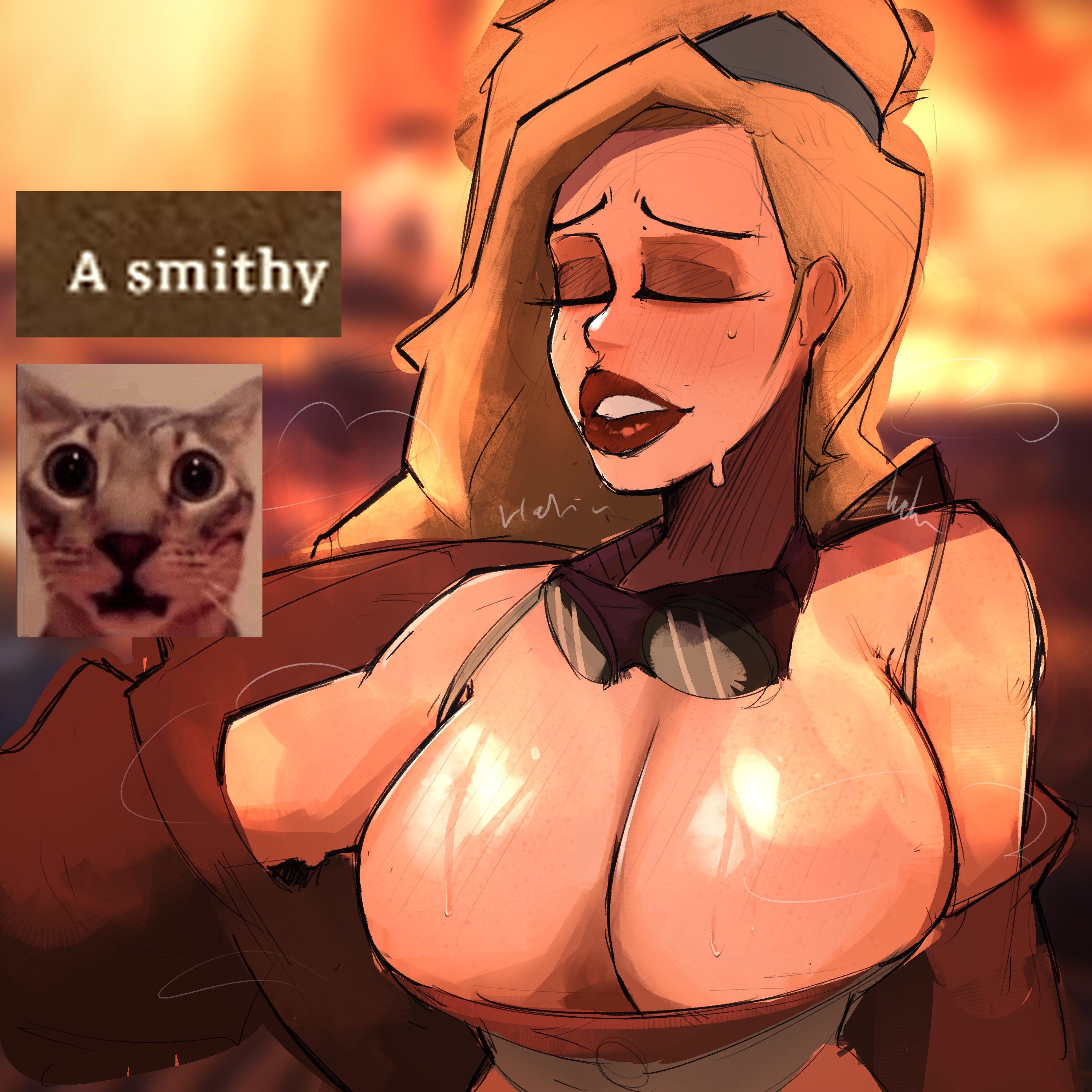 big lips, bimbo, bimbo lips, blonde hair, breasts, cleavage, female, gemma (monster hunter wilds), goggles around neck, large breasts, lipstick, monster hunter, monster hunter wilds, off shoulder, open clothes, ponytail, raindrain, sweat, sweaty, sweaty breasts