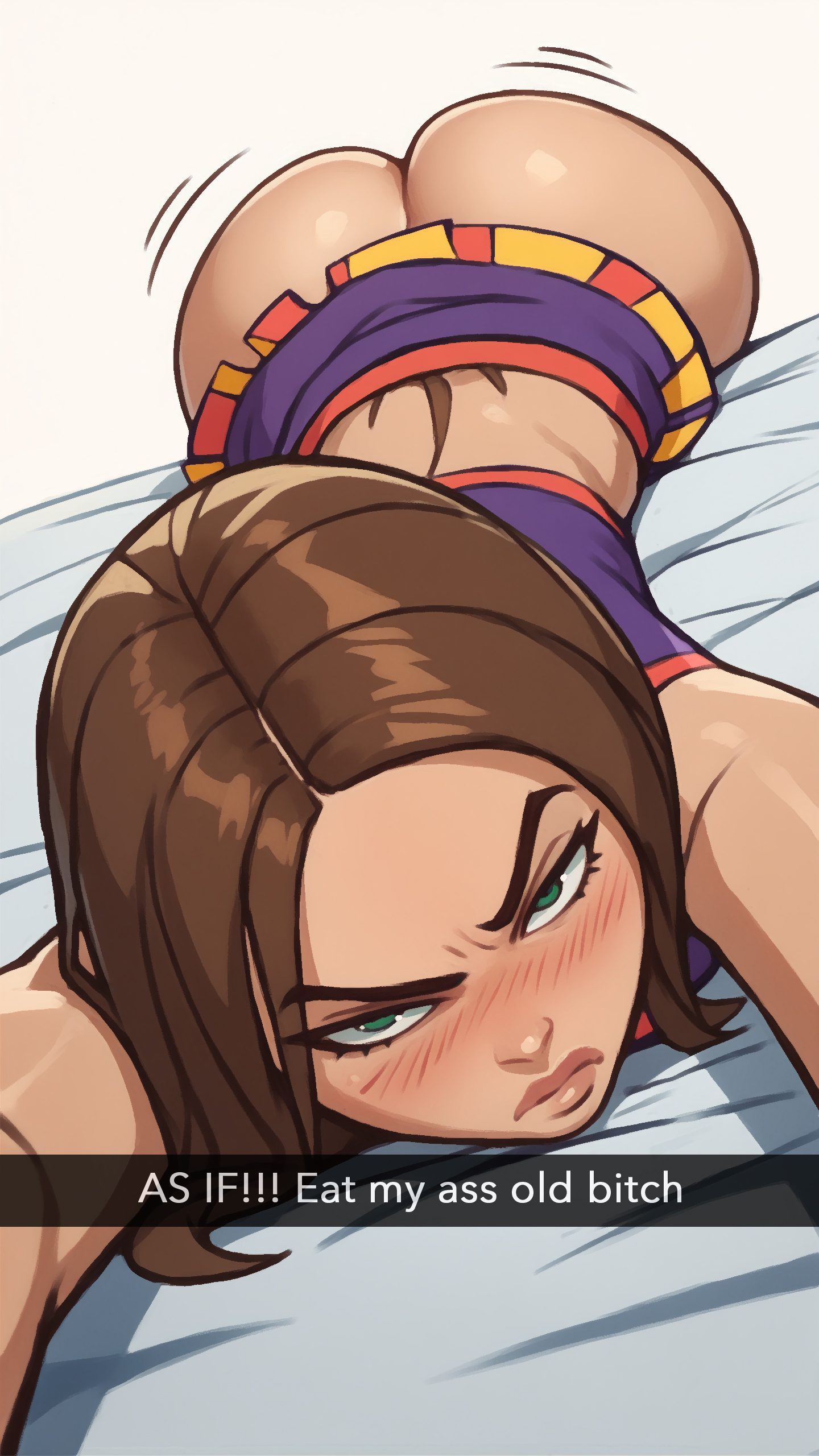 ai generated, blue eyes, blush, bodily fluids, bonnie rockwaller, brown hair, cheerleader, cheerleader uniform, curvy female, disney, disney channel, female, kim possible, tanned, tanned skin