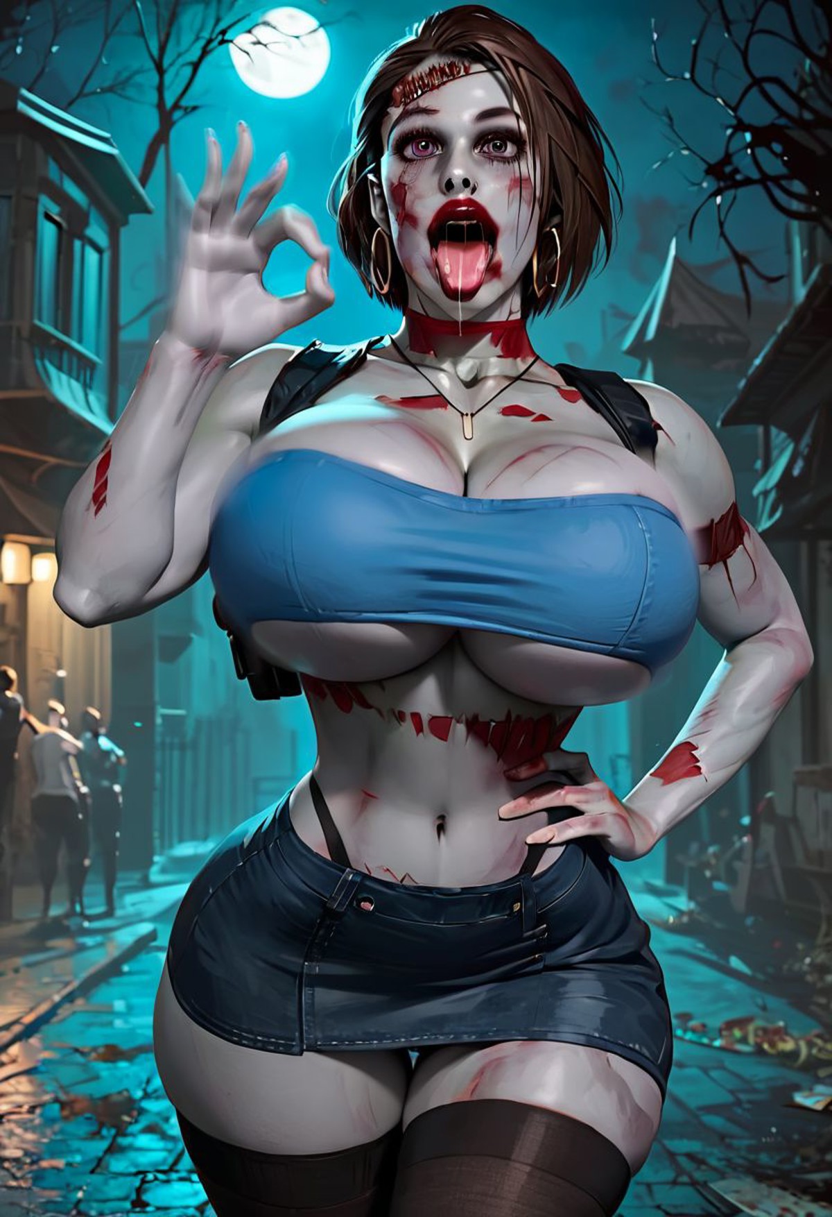 ai generated, bandeau, bimbo, bimbo body, blood, breasts, brown hair, capcom, cleavage, drooling, fellatio gesture, female, female focus, hoop earrings, huge breasts, jill valentine, jill valentine (sasha zotova), lipstick, logan d, makeup, moon, necklace, night, open mouth, resident evil, resident evil 3, resident evil 3 remake, short hair, short skirt, shoulder holster, stockings, thighhighs, thong, tongue, tongue out, tubetop, underboob, whale tail, zombie, zombie girl